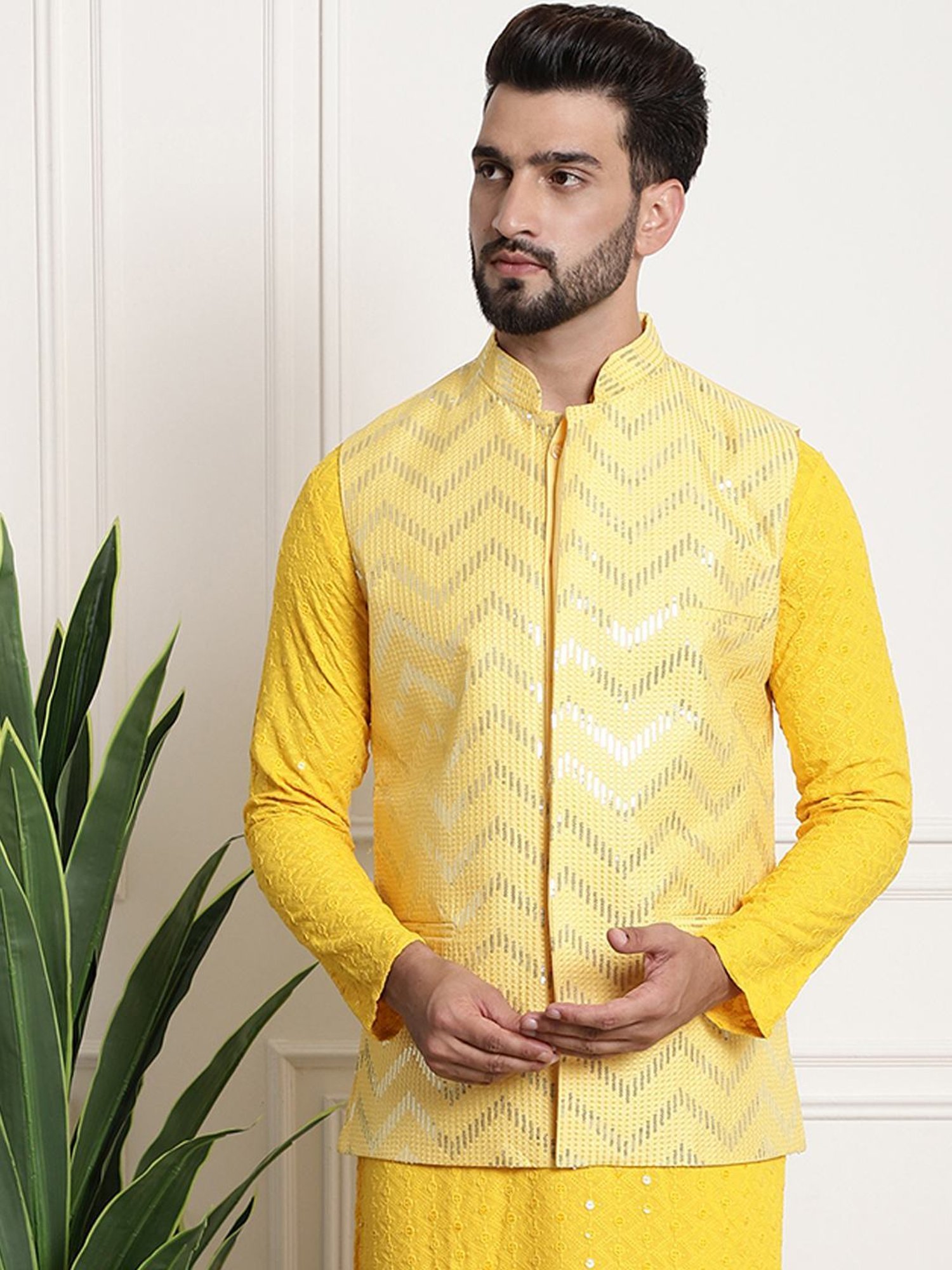 Sojanya Yellow Regular Fit Embroidered Nehru Jacket