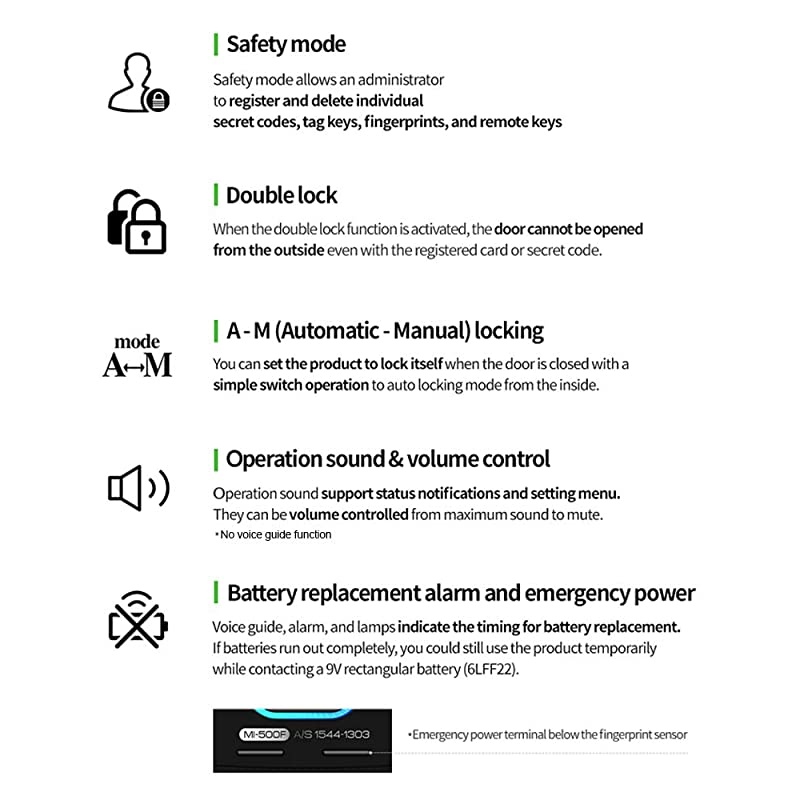 MI-500F Digital Rim Lock, Biometric Fingerprint, Notification Lamps, Double Locking, Manager Mode, Trespass Alarm, Battery Alarm, High Temperature Warning
