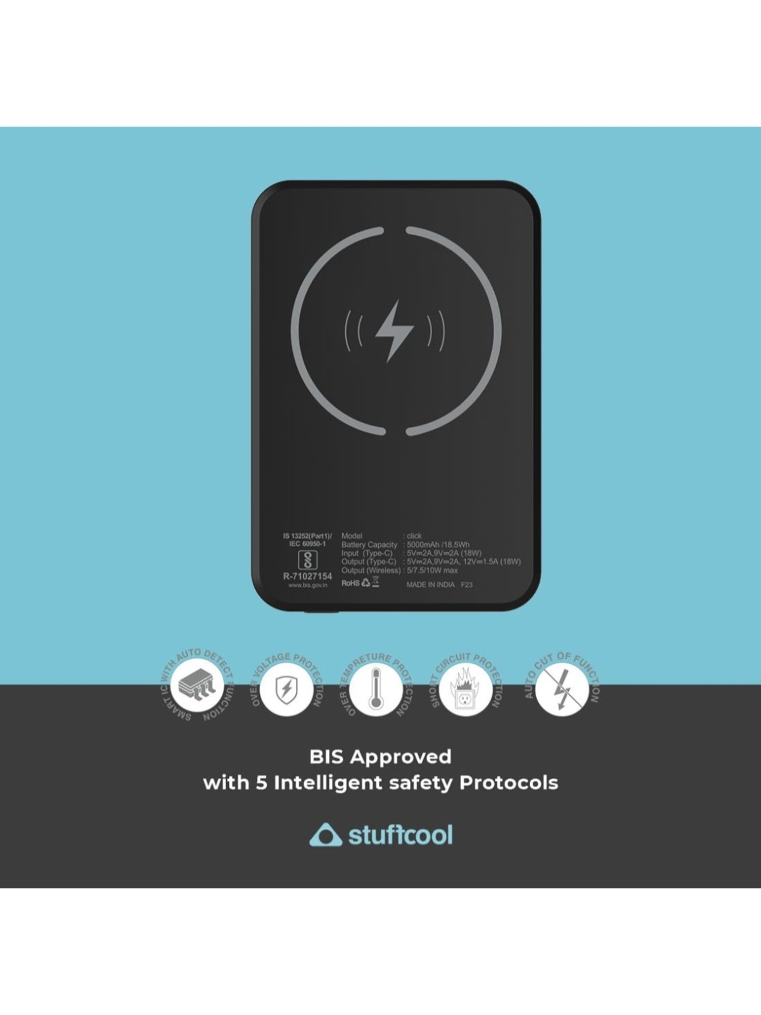 Stuffcool Click 5000mAh Magnetic Wireless Powerbank with 18W PD Type C Port (Matte Black)