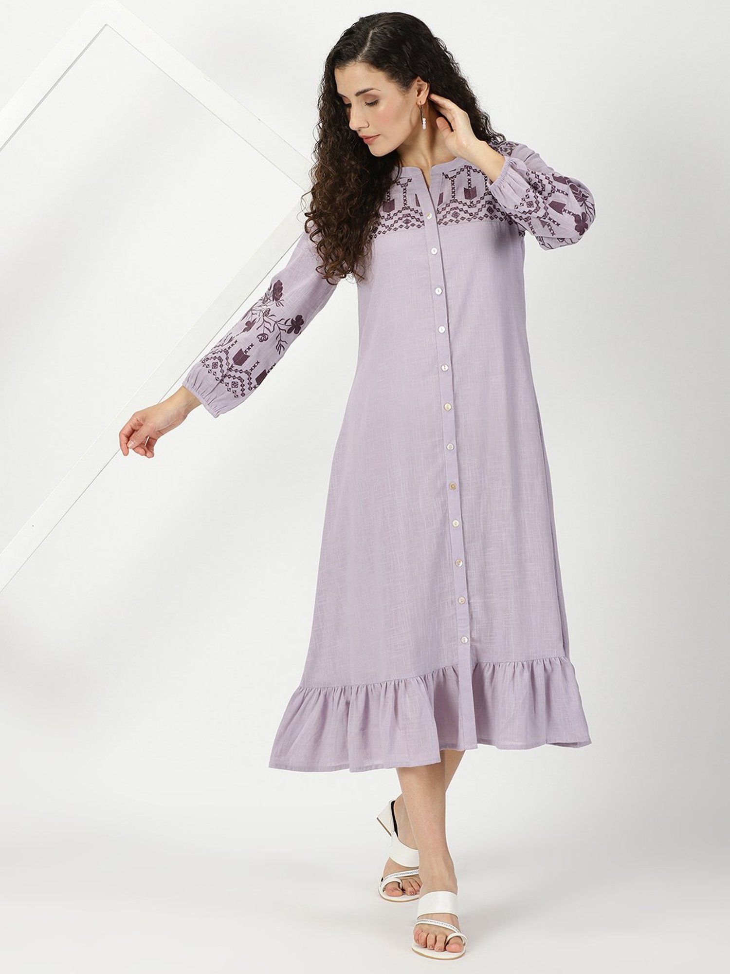 Saffron Threads Lilac Cotton Embroidered Ethnic Dress
