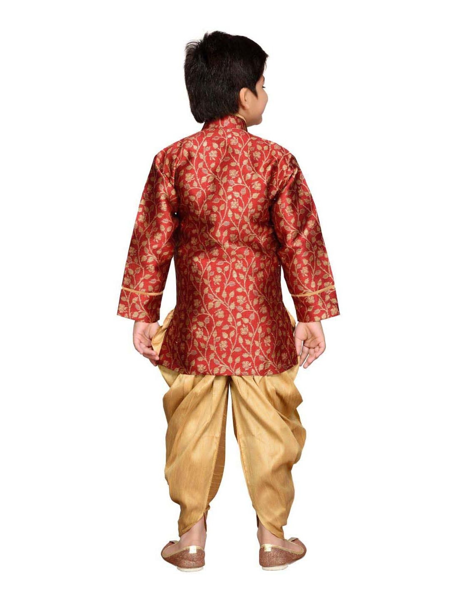 AJ Dezines Kids Maroon & Gold Printed Full Sleeves Sherwani Set