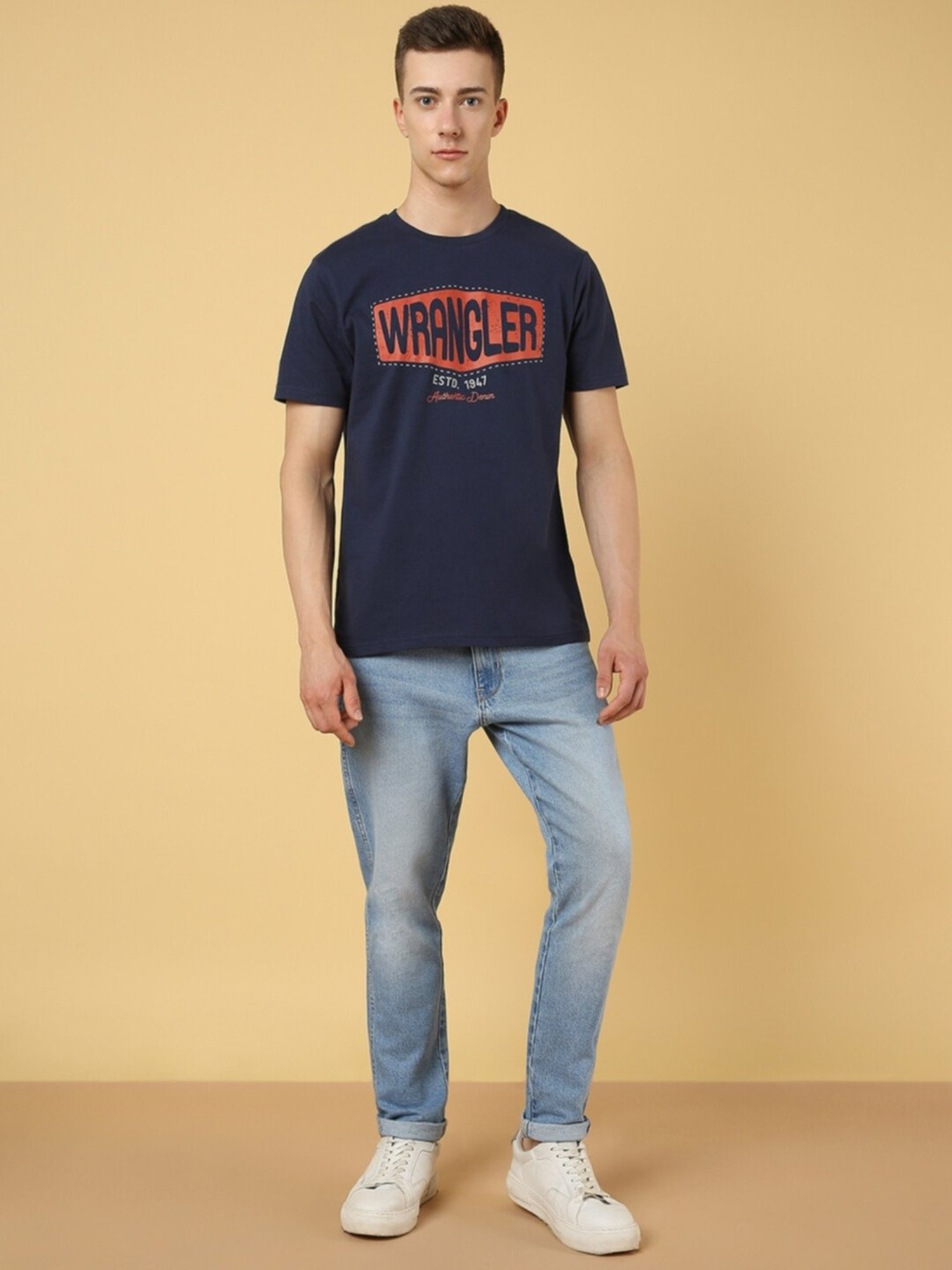 Wrangler Blue Cotton Regular Fit Printed T-Shirt