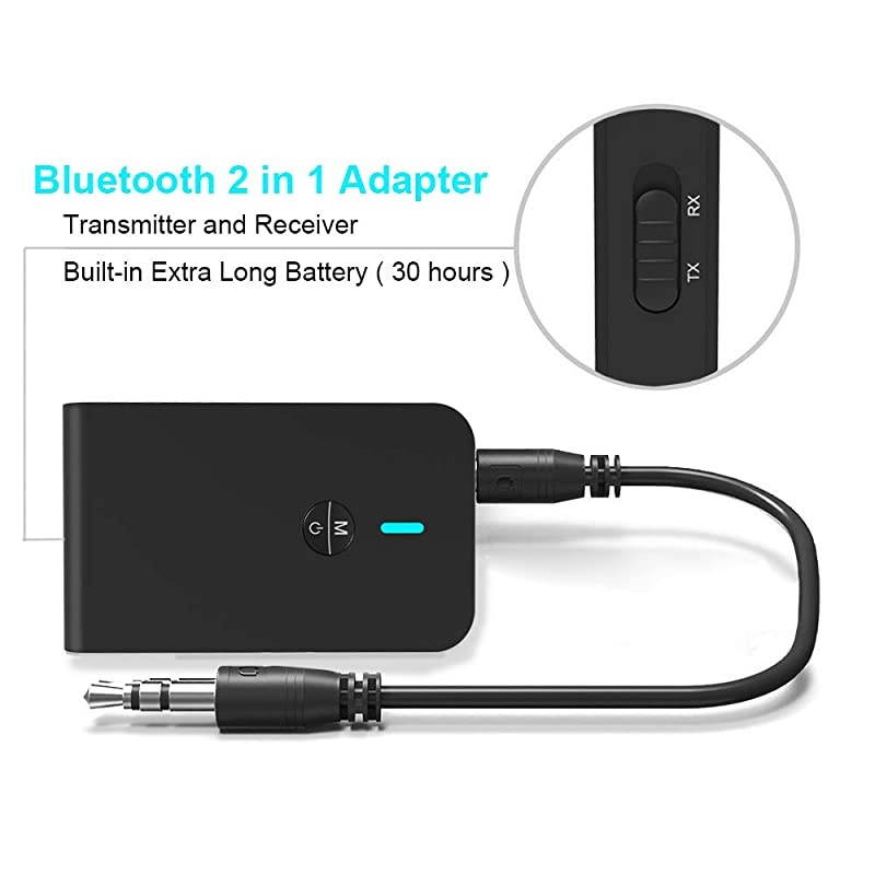 Bluetooth 5.0 Audio Transmitter Receiver, 2 in 1 Wireless 3.5mm Adapter AptX Low Latency for TV/Home Sound System, Wired Speaker and Headphones, Black