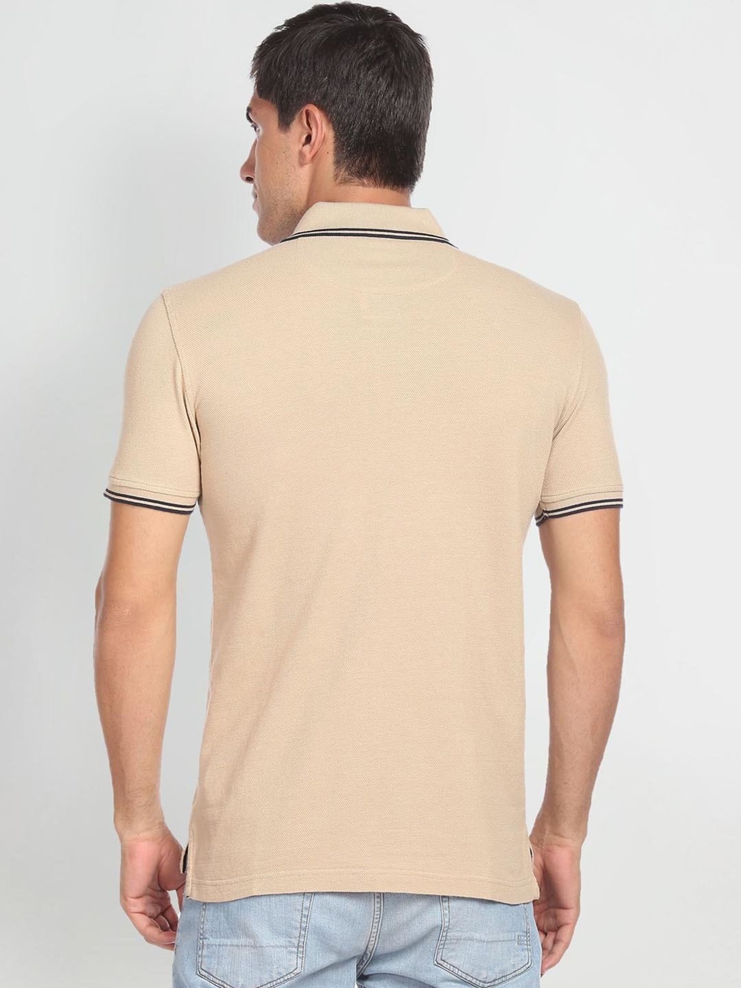 Arrow Sport Beige Cotton Regular Fit Striped Polo T-Shirt
