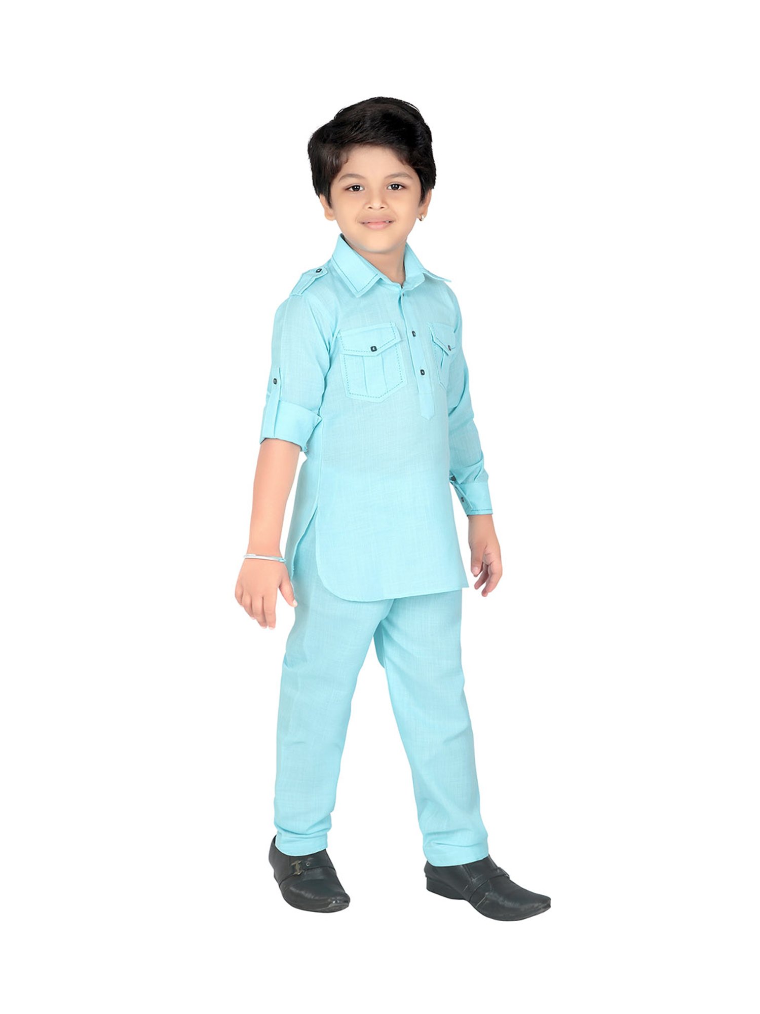 Ahhaaaa Kids Blue Solid Kurta with Pajamas