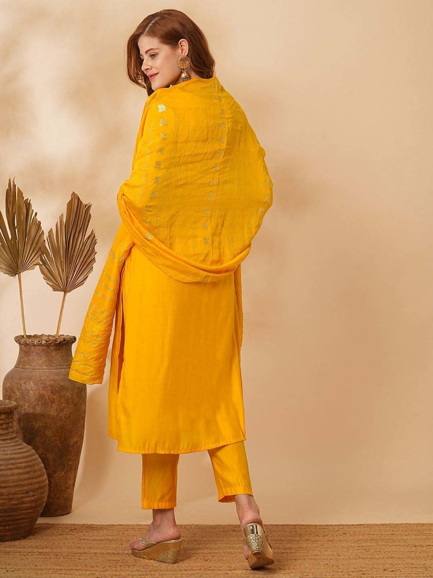 Fashor Yellow Embroidered Kurta & Pant Set With Dupatta
