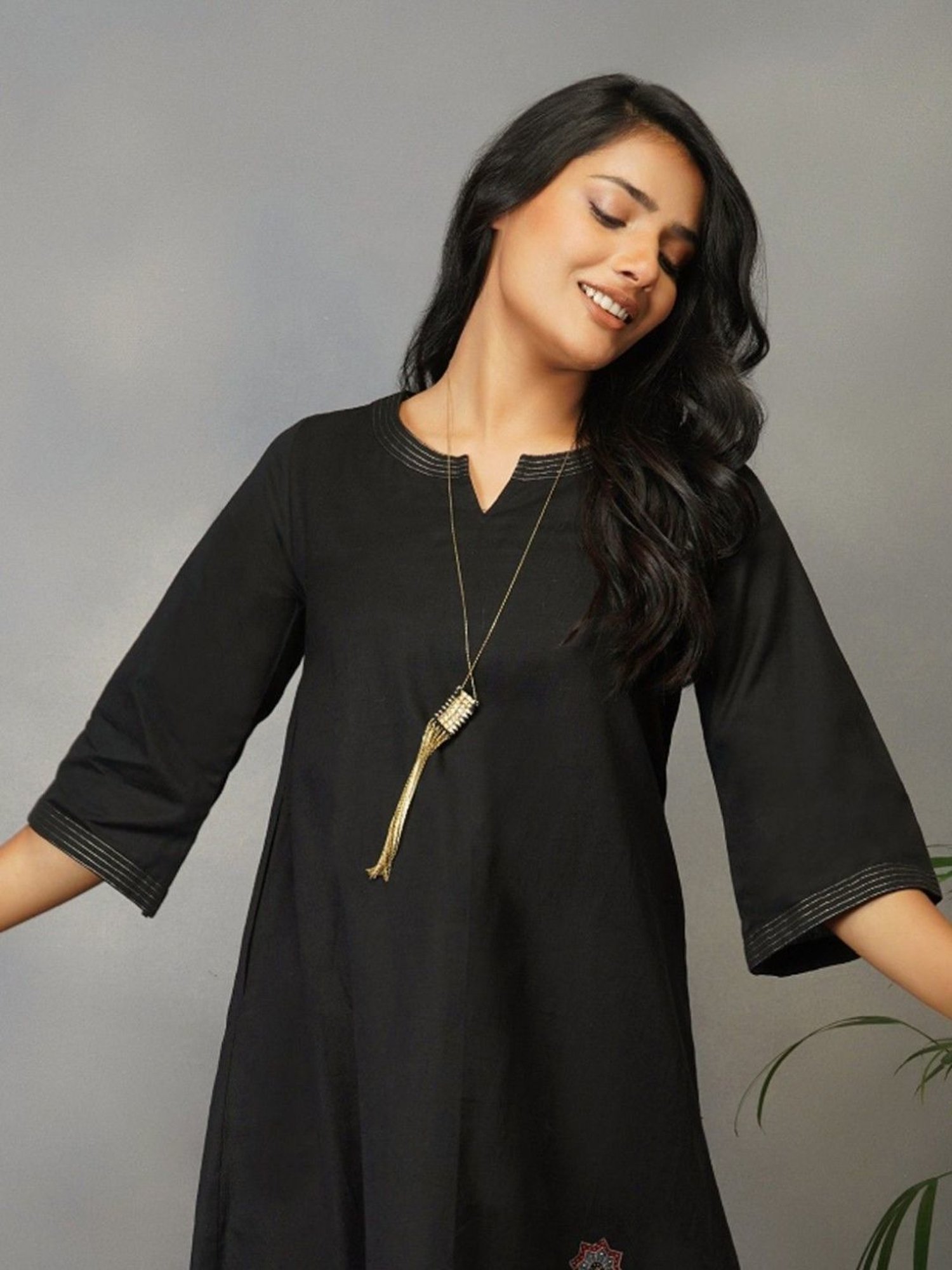 Akiso Bakhair Black A Line Dress With Handblock Ajrak Patch Work