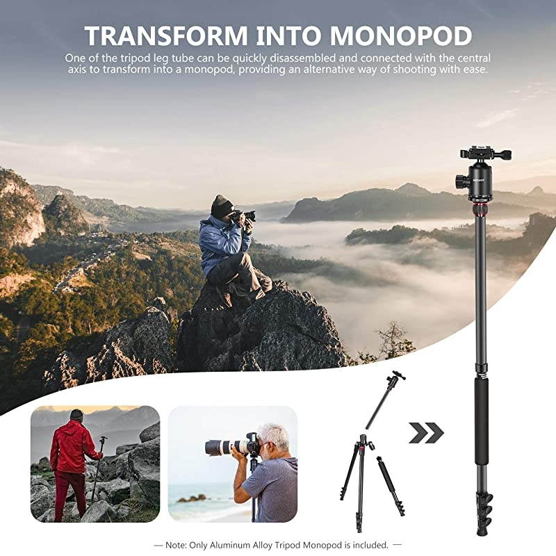 77Inch Tripod Camera Tripod for DSLR 2in1 Compact Aluminum Tripod Monopod with 360 Degree Ball Head 2 Center Axis QR Plate and 8 Kilograms Load for Travel and Work Carry Bag Included