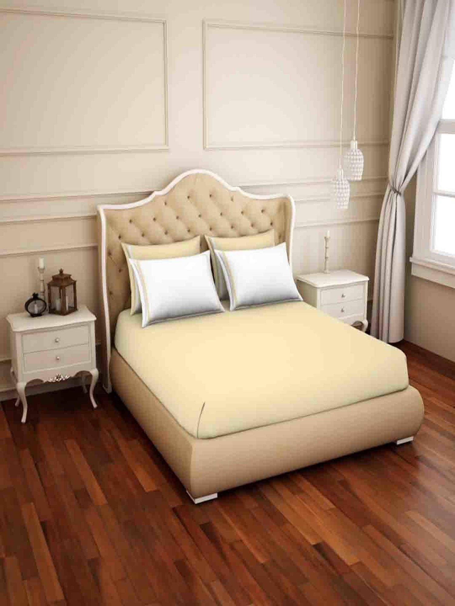 Spaces Solid Yellow 300 TC Cotton Double Bed Sheet with 4 Pillow Covers