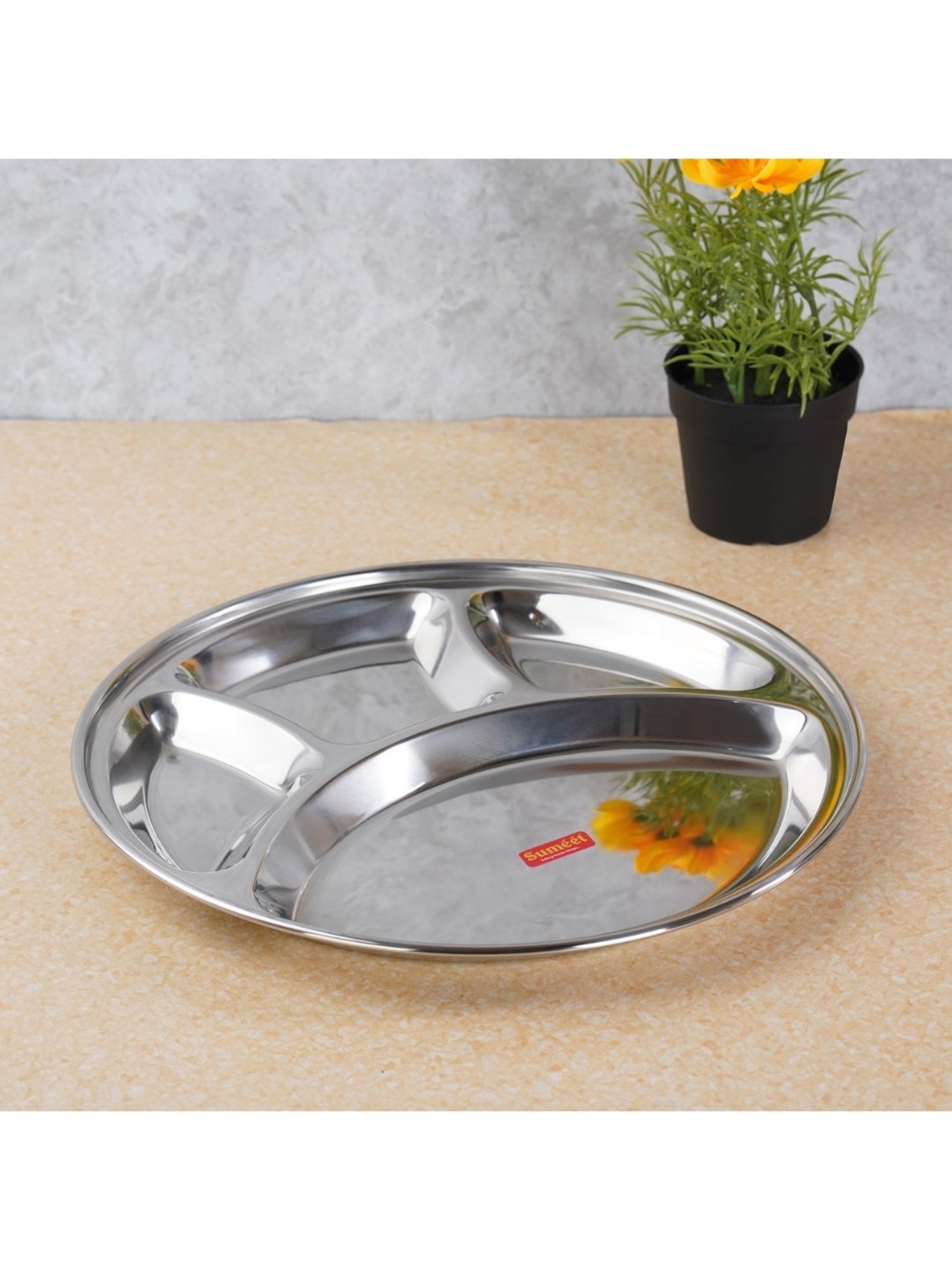 Sumeet Stainless Steel Round 4 in 1 Compartment Lunch / Dinner Plate 1Pc, 32.5cm Dia, Silver