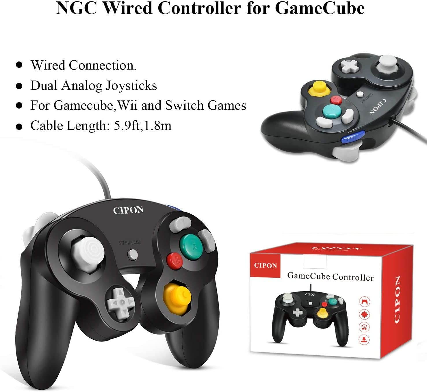 Gamecube Controller, CIPON Wired Controllers Classic Gamepad Joystick for Nintendo and Wii Console Game Remote Black