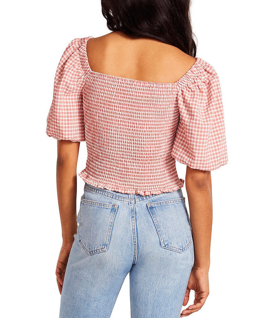BB Dakota by Steve Madden Sunshine Superwoman Gingham Print Square Neck Puff Sleeve Top