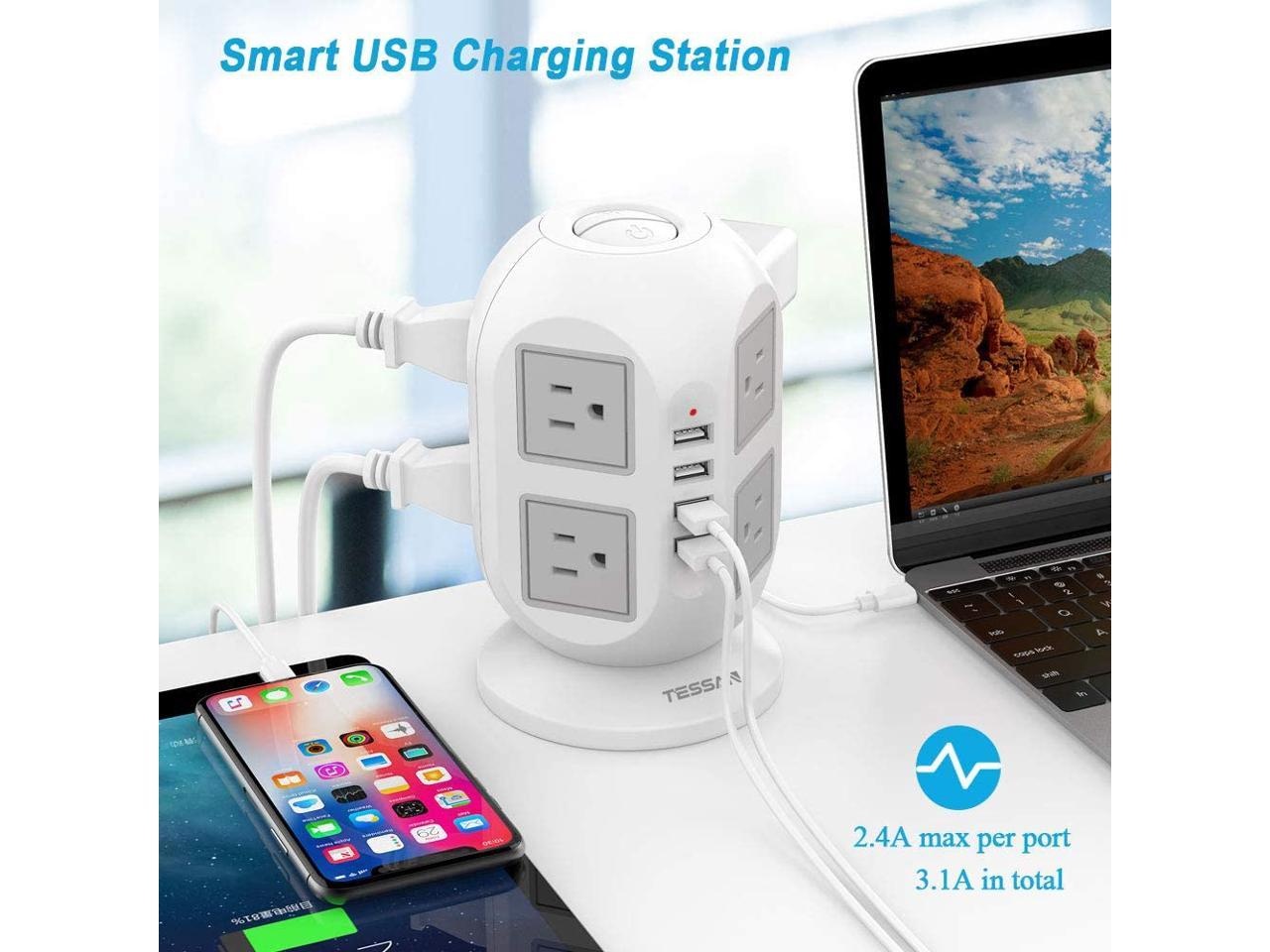 Power Strip Tower TESSAN Surge Protector 8 AC Outlets with 4 USB Ports Charging Station Long Extension Cord 10 Feet, Widely Spaced Multi Outlets, Circuit Breaker Safeguard for Home Office Dorm Room