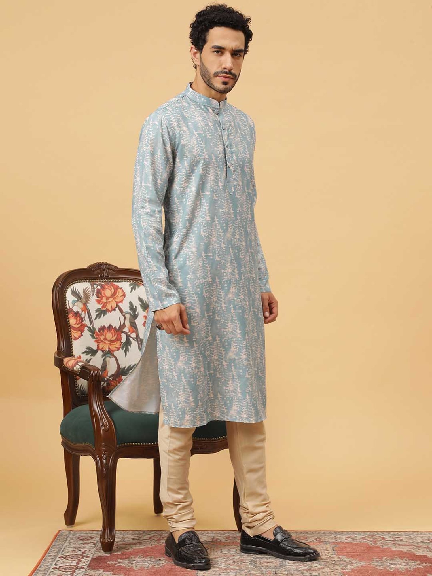 TABARD Sky Blue & Beige Regular Fit Printed Kurta & Churidar Set