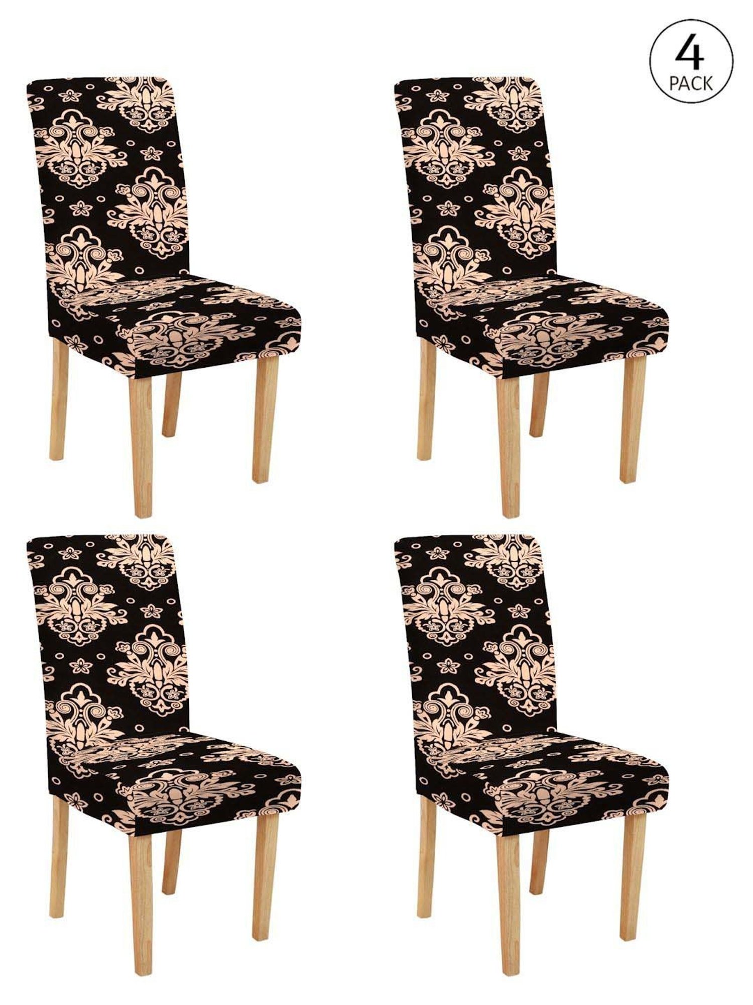 HOSTA HOMES Black Polyester Stretchable Printed Chair Cover - Set of 4