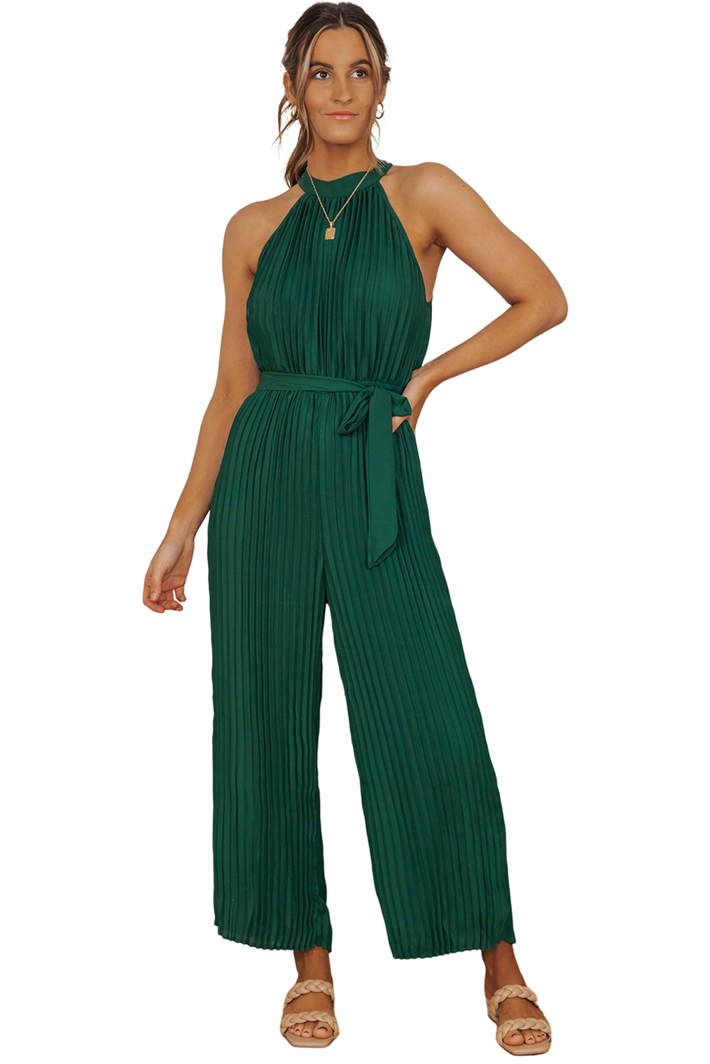 Rose Tan Solid Self Tied Straps Pleated Wide Leg Jumpsuit