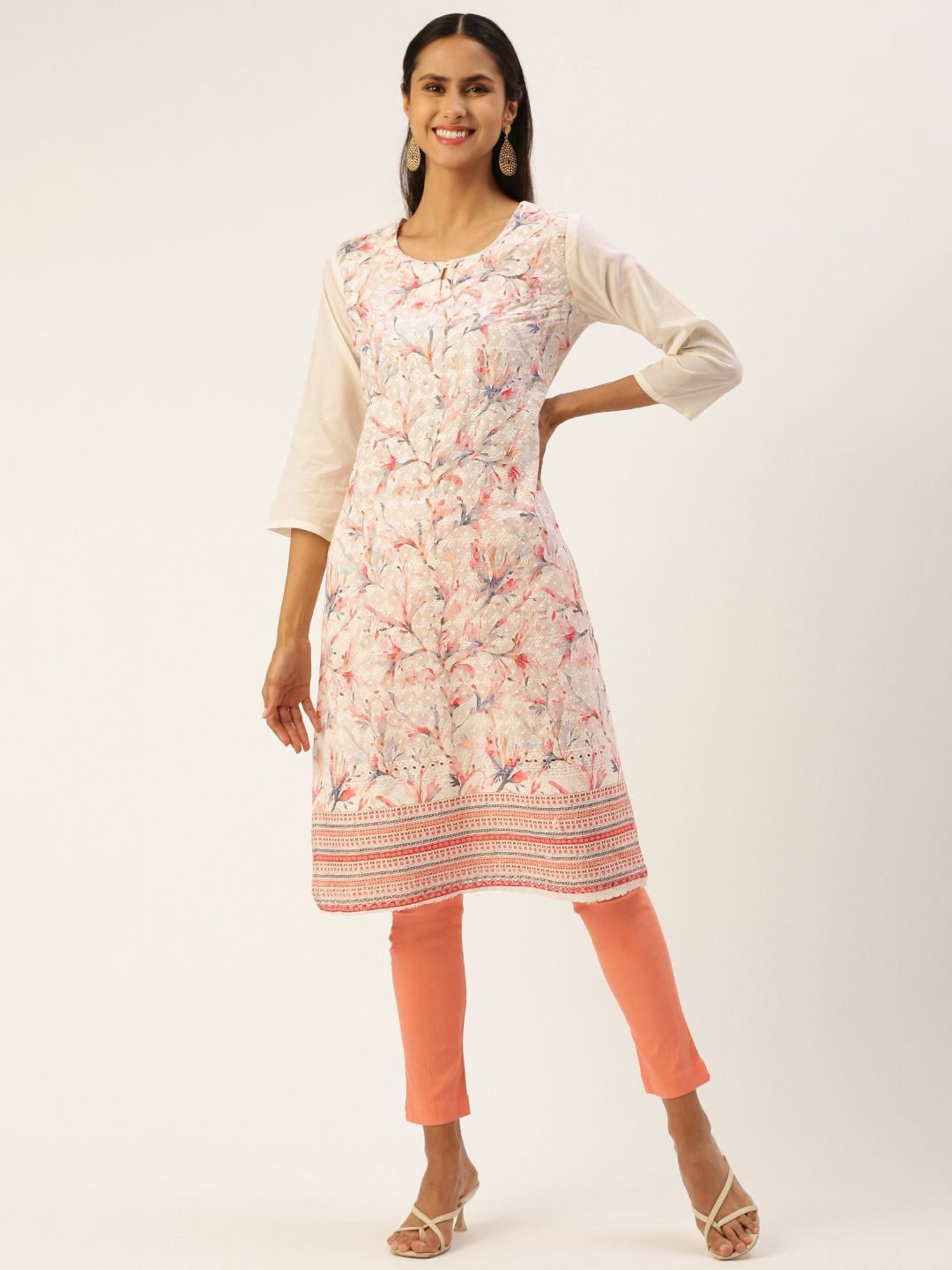 SHANVIKA Cream Embroidered Cotton Straight Kurta