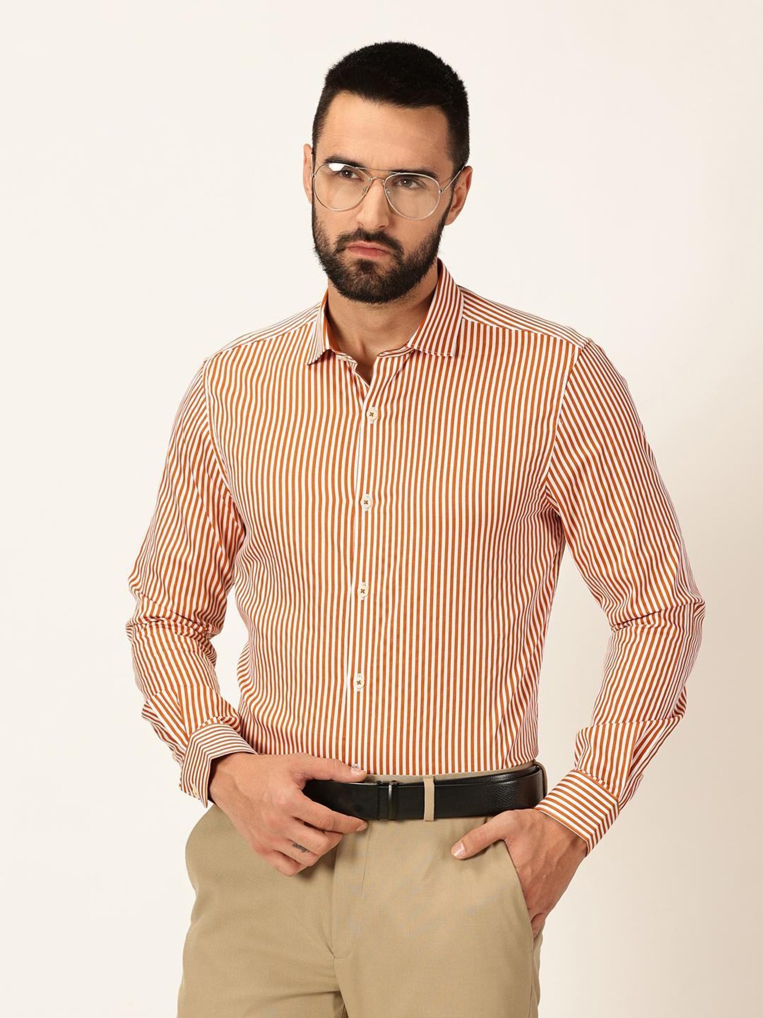 Thomas Scott Dark Orange Regular Fit Striped Shirt