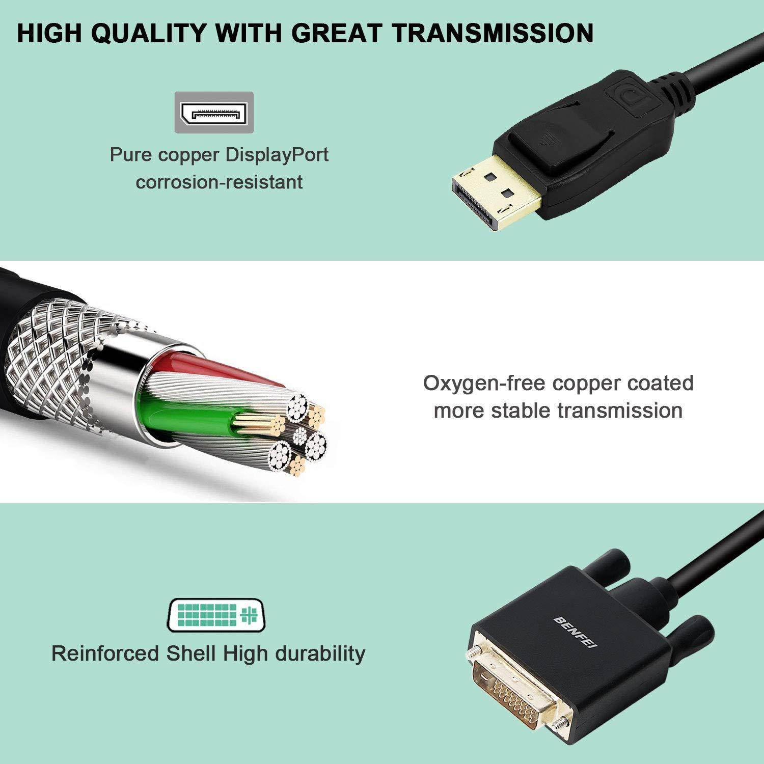 displayport to dvi adapter, dp display port to dvi converter male to male goldplated cord 6 feet black cable for lenovo, dell, hp and other brand