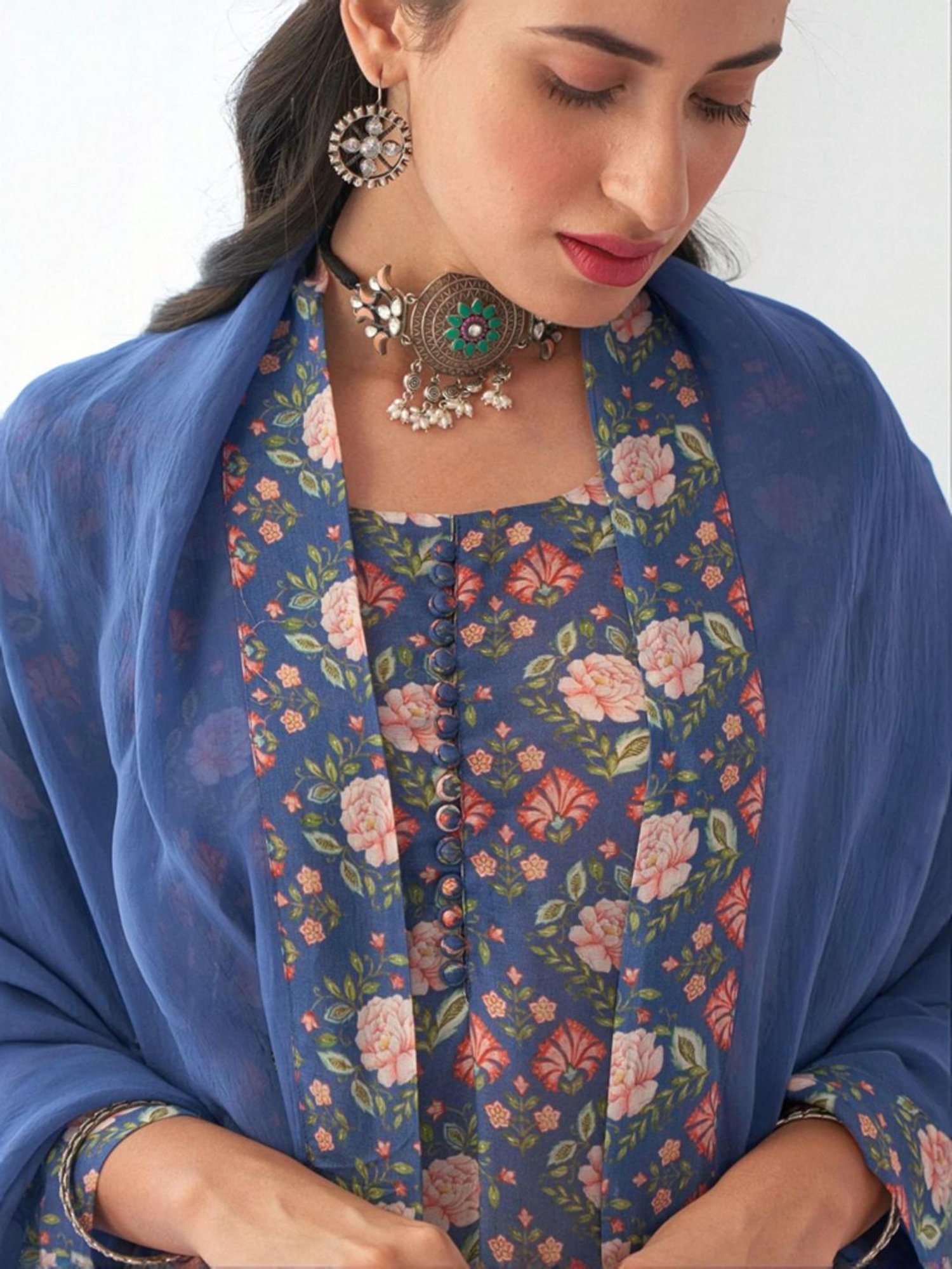 Odette Blue Floral Print Kurta Sharara Set With Dupatta