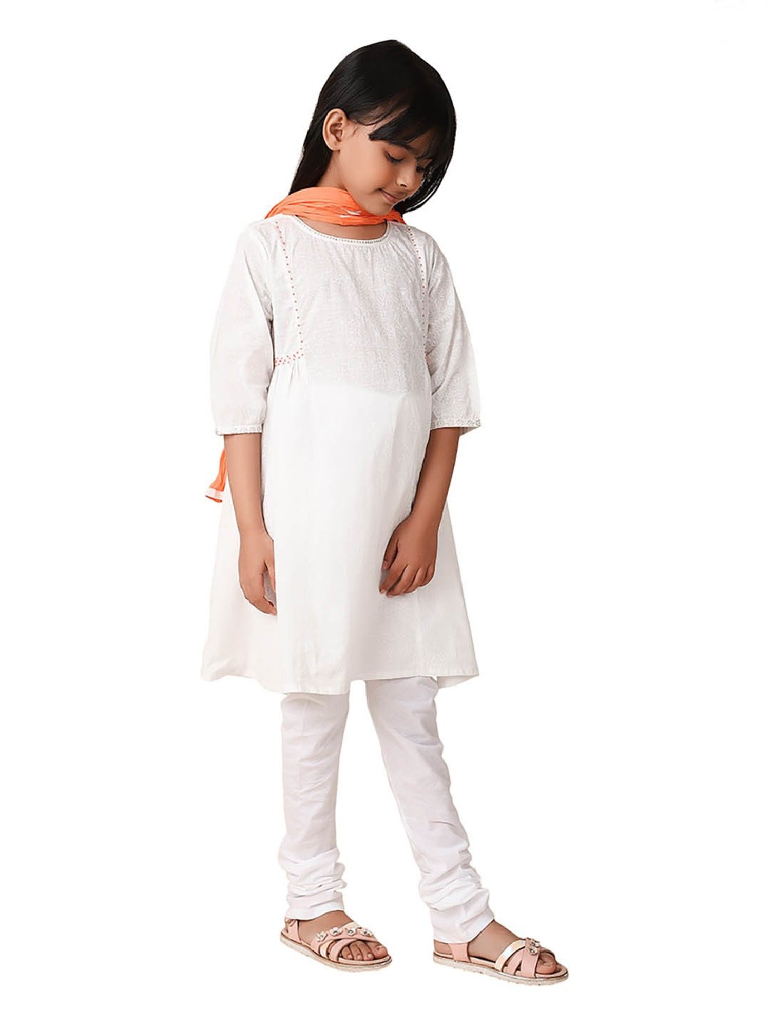 Fabindia Kids White & Orange Printed Kurta, Churidar with Dupatta