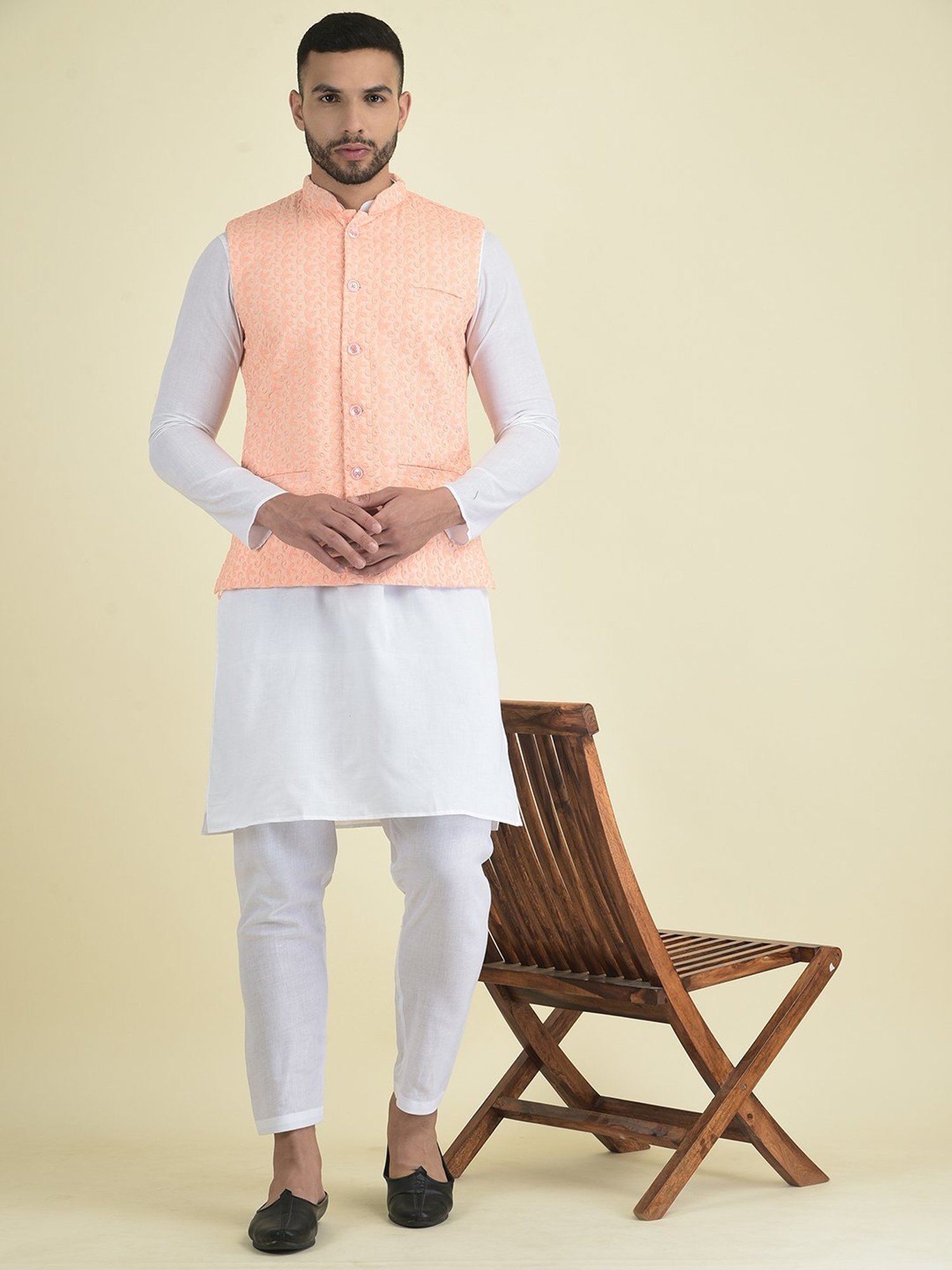 Deyann Peach & White Cotton Regular Fit Embroidered Kurta Set With Jacket