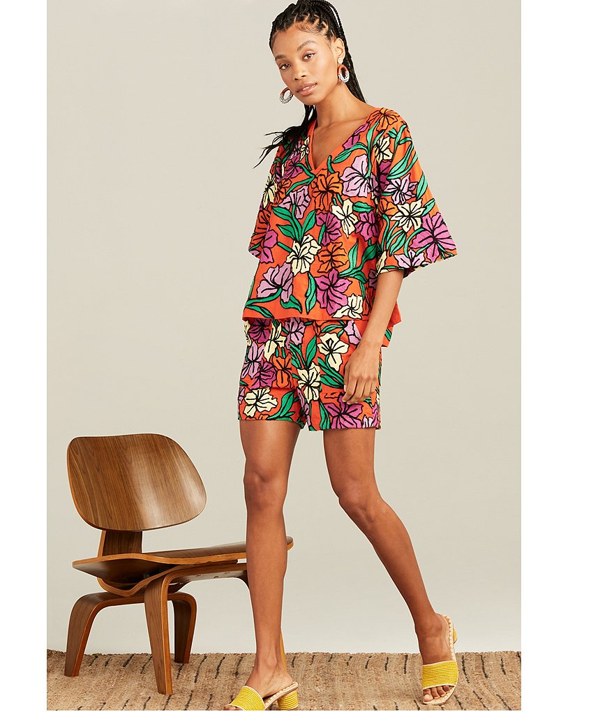 Roller Rabbit Woven Jorales Embroidered Coordinating Yansel Short Sleeves Top