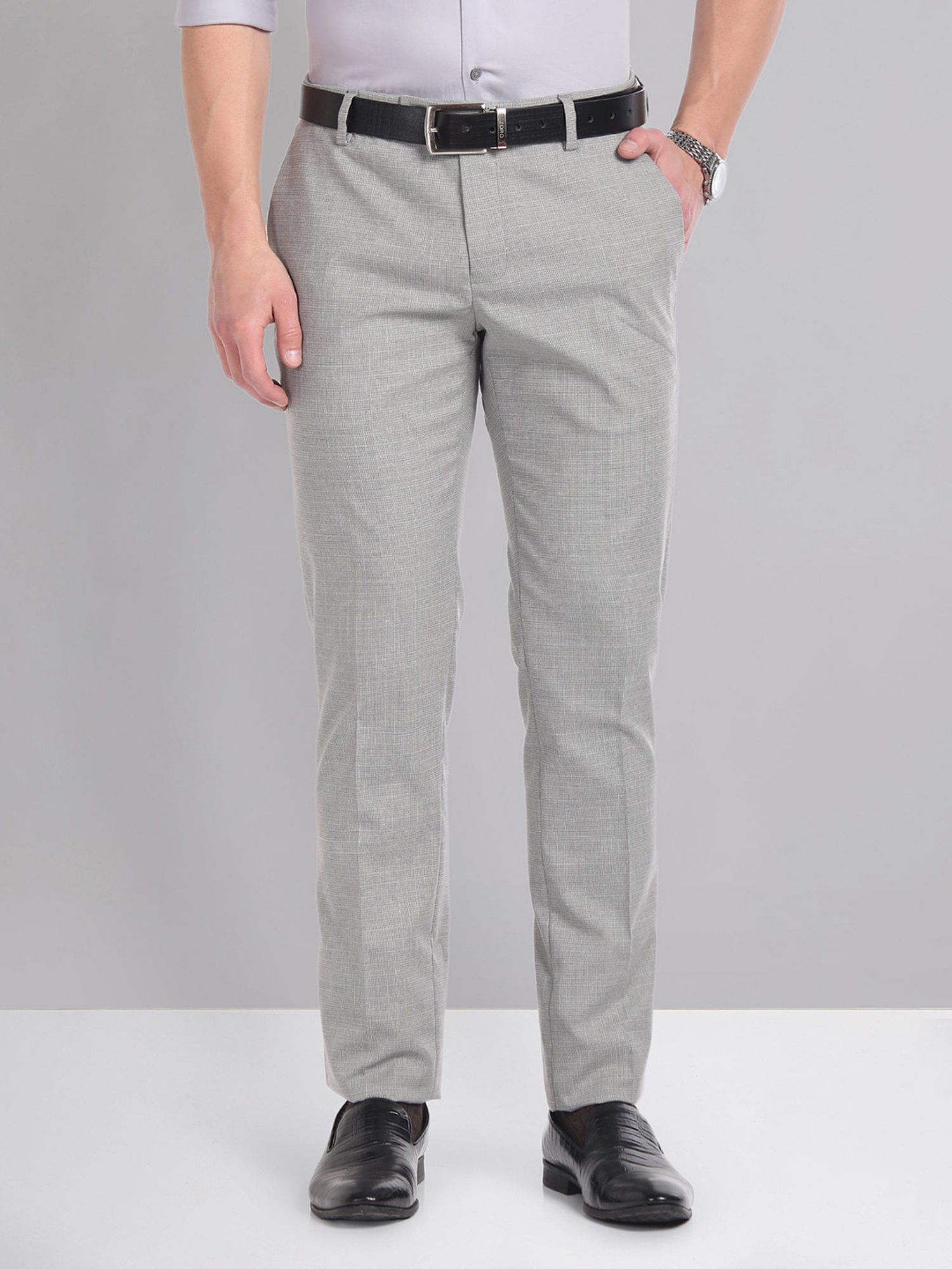 AD by Arvind Grey Slim Fit Flat Front Trousers