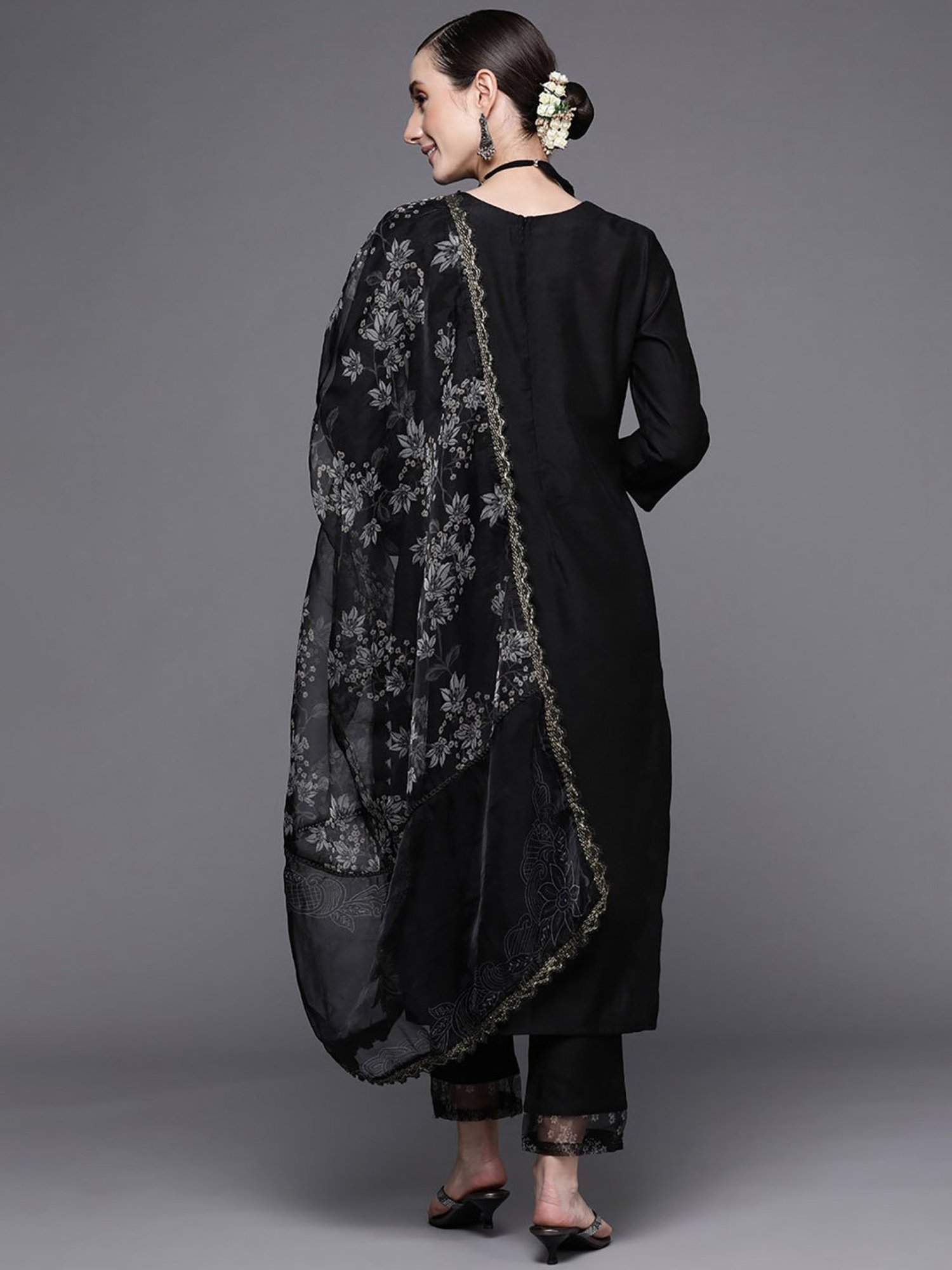 Indo Era Black Embroidered Kurta Pant Set With Dupatta