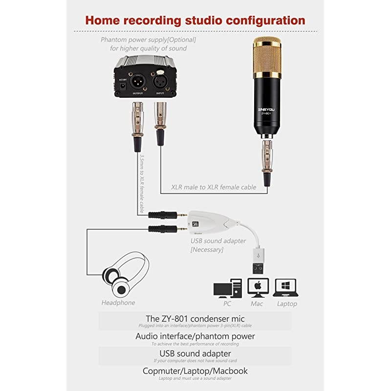 Desktop Microphone Set ZY-801+ Condenser Microphone Professional Studio Cardioid PC Mic Bundle for Studio Recording and Broadcasting (Sunrise Gold)