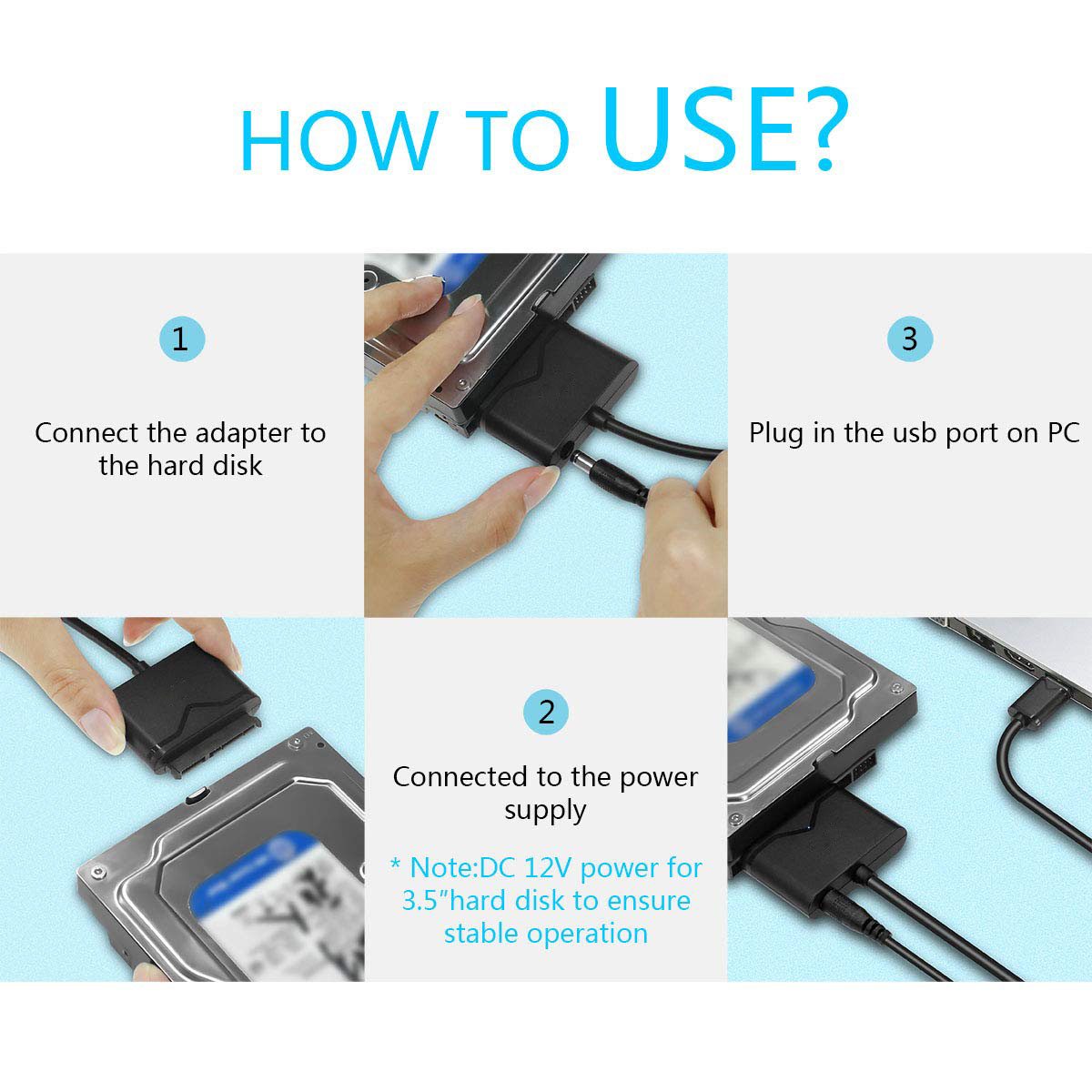 Jansicotek SATA to USB 3.0, SATA III Hard Drive Adapter Converter for 3.5/2.5 Inch HDD/SSD with 12V/2A Power Adapter (UT-3112)