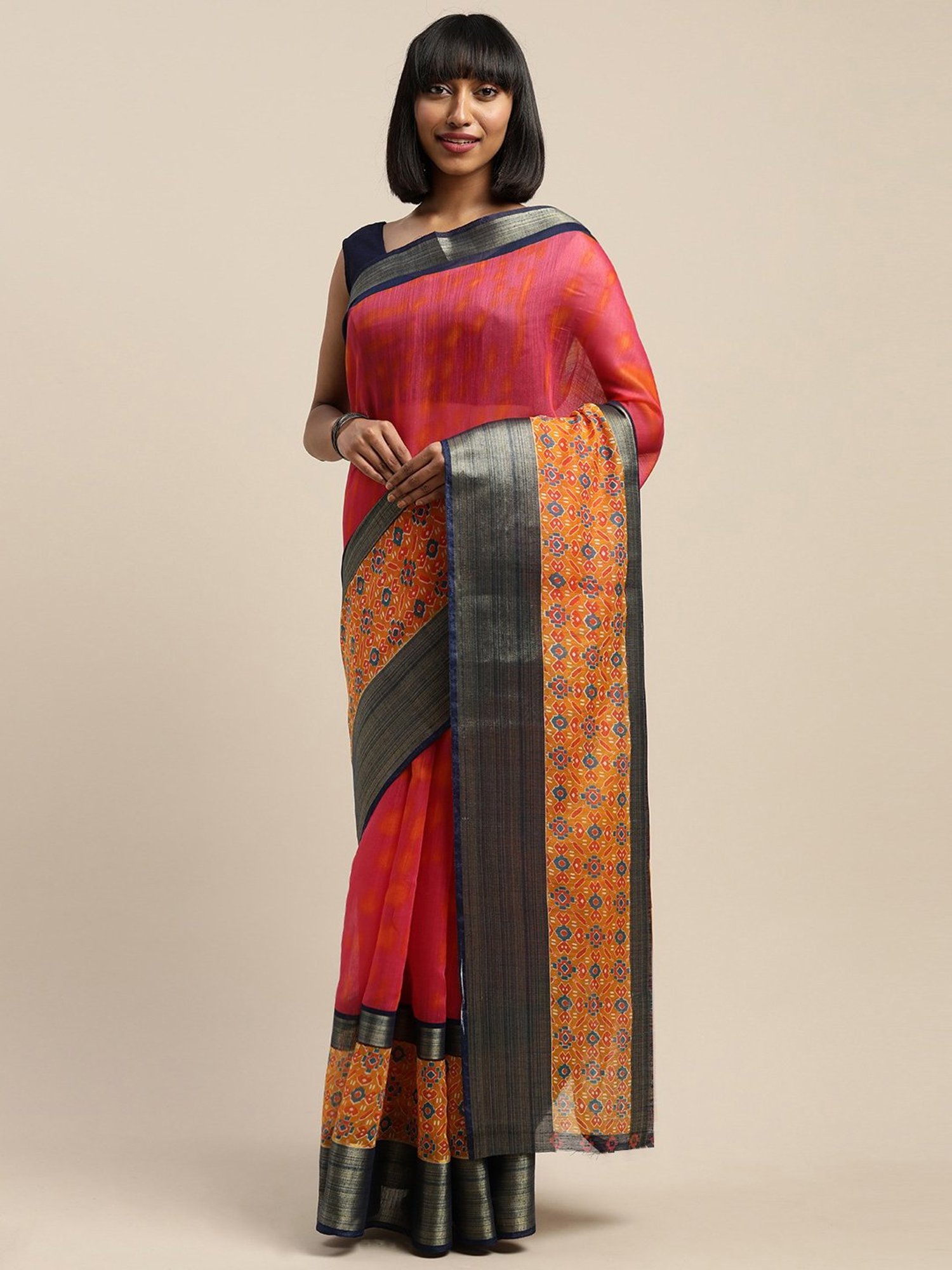 Vaamsi Pink Printed Saree With Unstitched Blouse