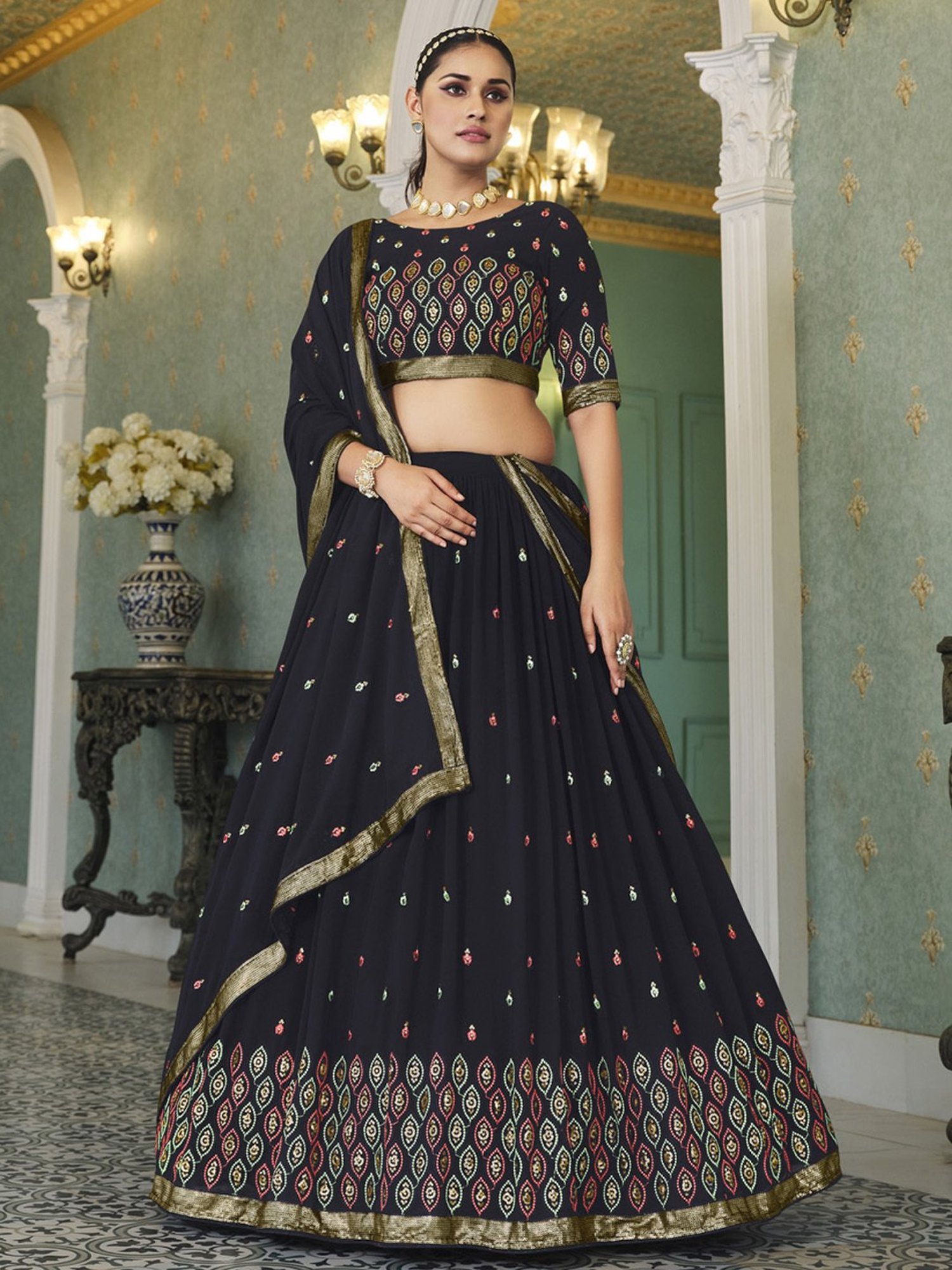 SHUBHKALA Black Embroidered Lehenga and Choli Set With Dupatta