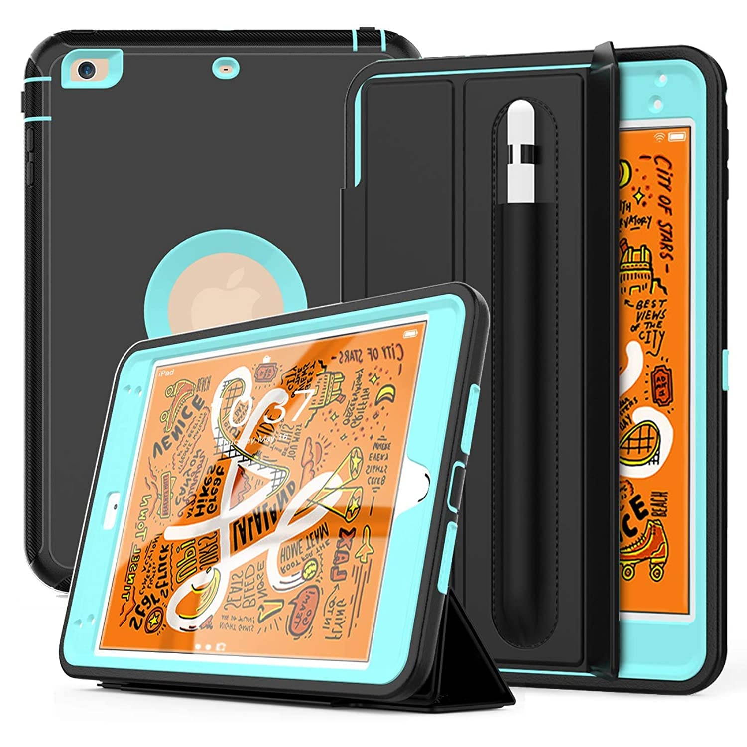 DUNNO iPad Mini 5th gen Case - Full-Body Three Layer Shockproof Folio Protective Case Whit Auto Sleep/Wake Up Stand & Pencil Holder for iPad Mini 5 / iPad Mini 4 (Black/Light Blue)