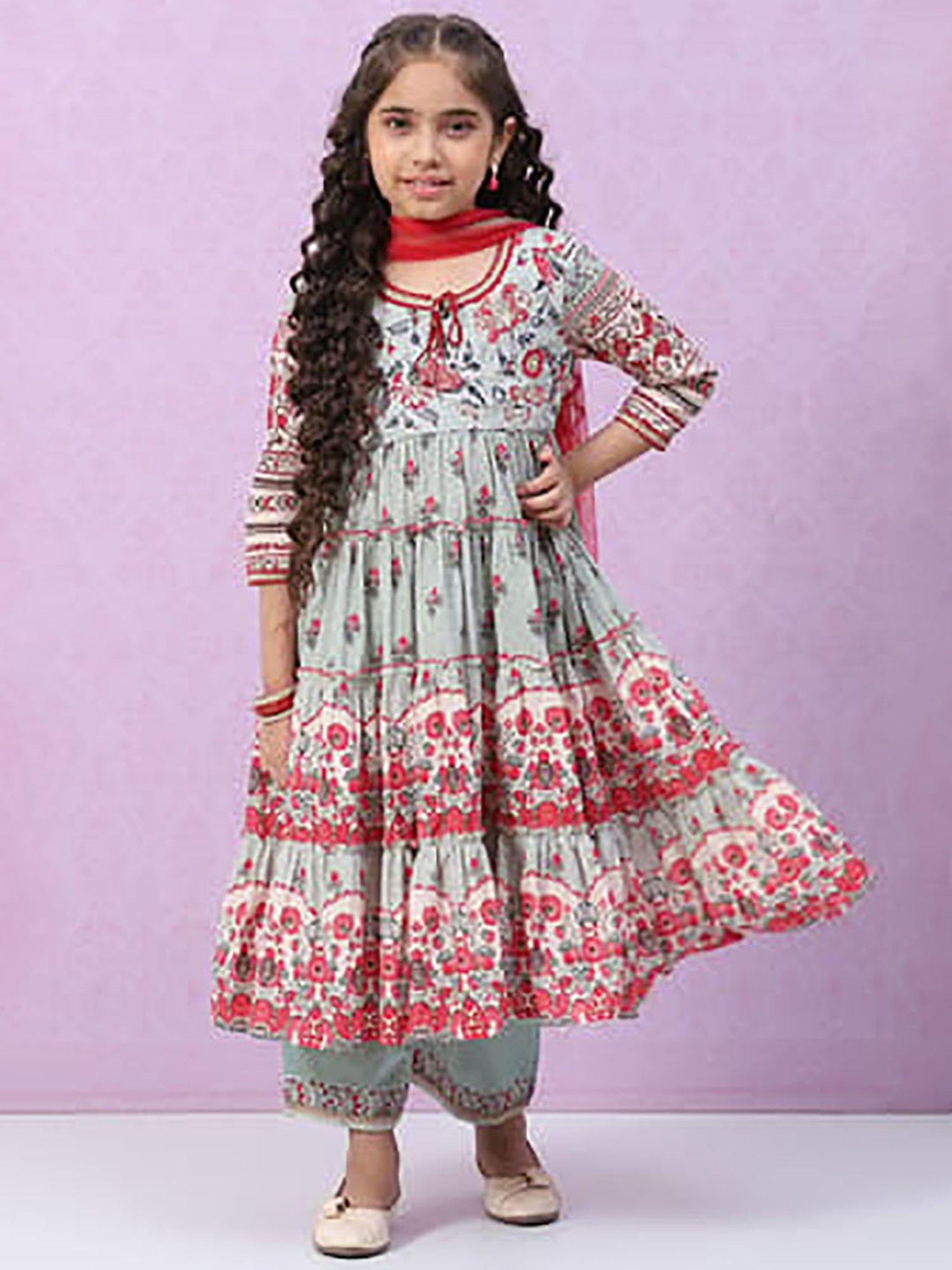 BIBA Girls Grey & Red Floral Print Kurta, Plazzos with Dupatta