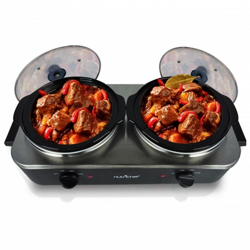 NutriChef Portable Dual Pot 5.3 Quart Electric Slow Cooker Buffet Food Warmer Chafing Dish with Glass Lids and Individual Temperature Control (2 Pack)