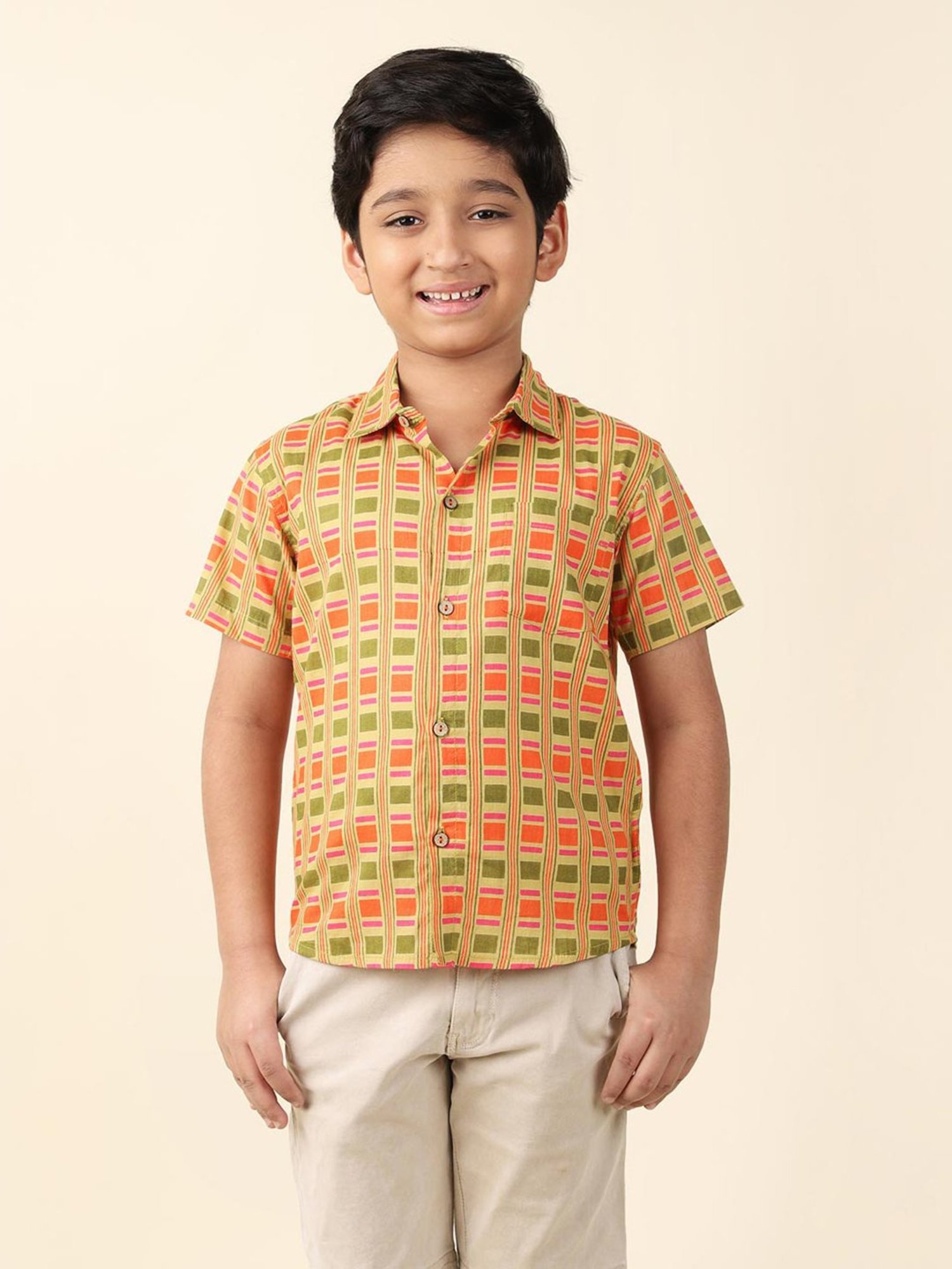 Fabindia Kids Lime Green & Orange Printed Shirt