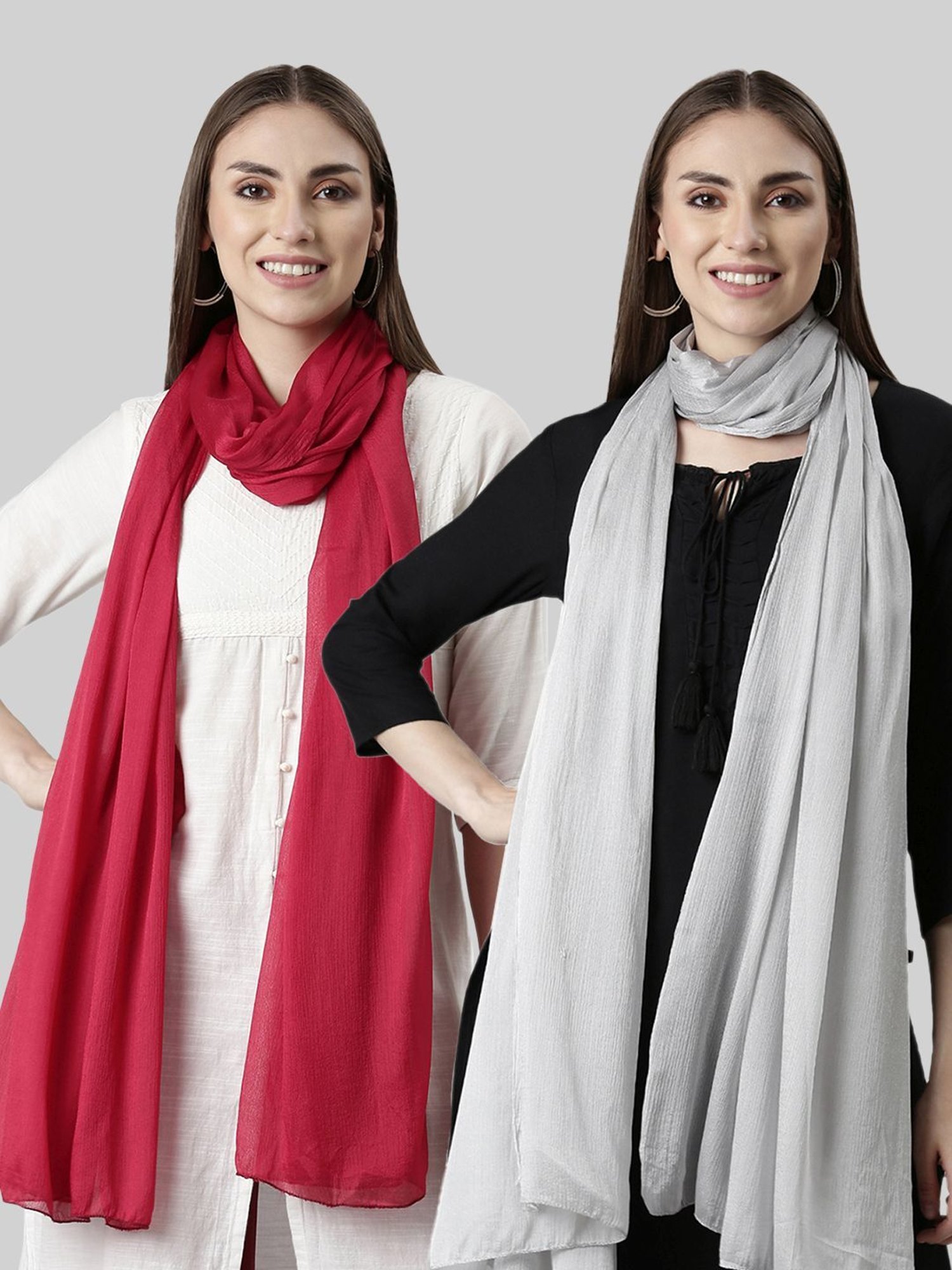 TWIN BIRDS Red & Silver Plain Dupatta - Pack Of 2