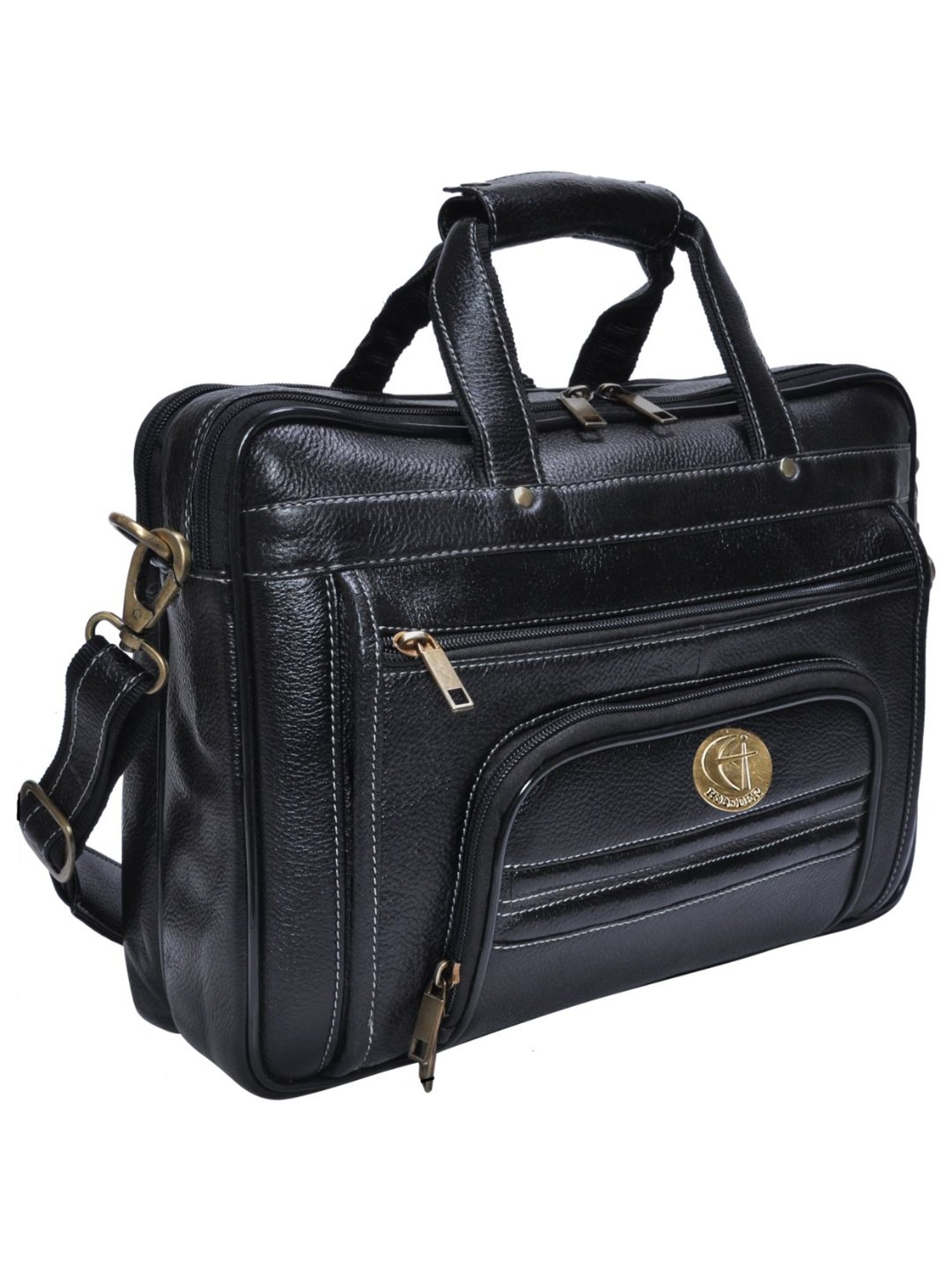 HiLEDER 100% Pure Genuine Leather 15 inch Office Bag Briefcase Laptop Messenger Shoulder Bag, Black