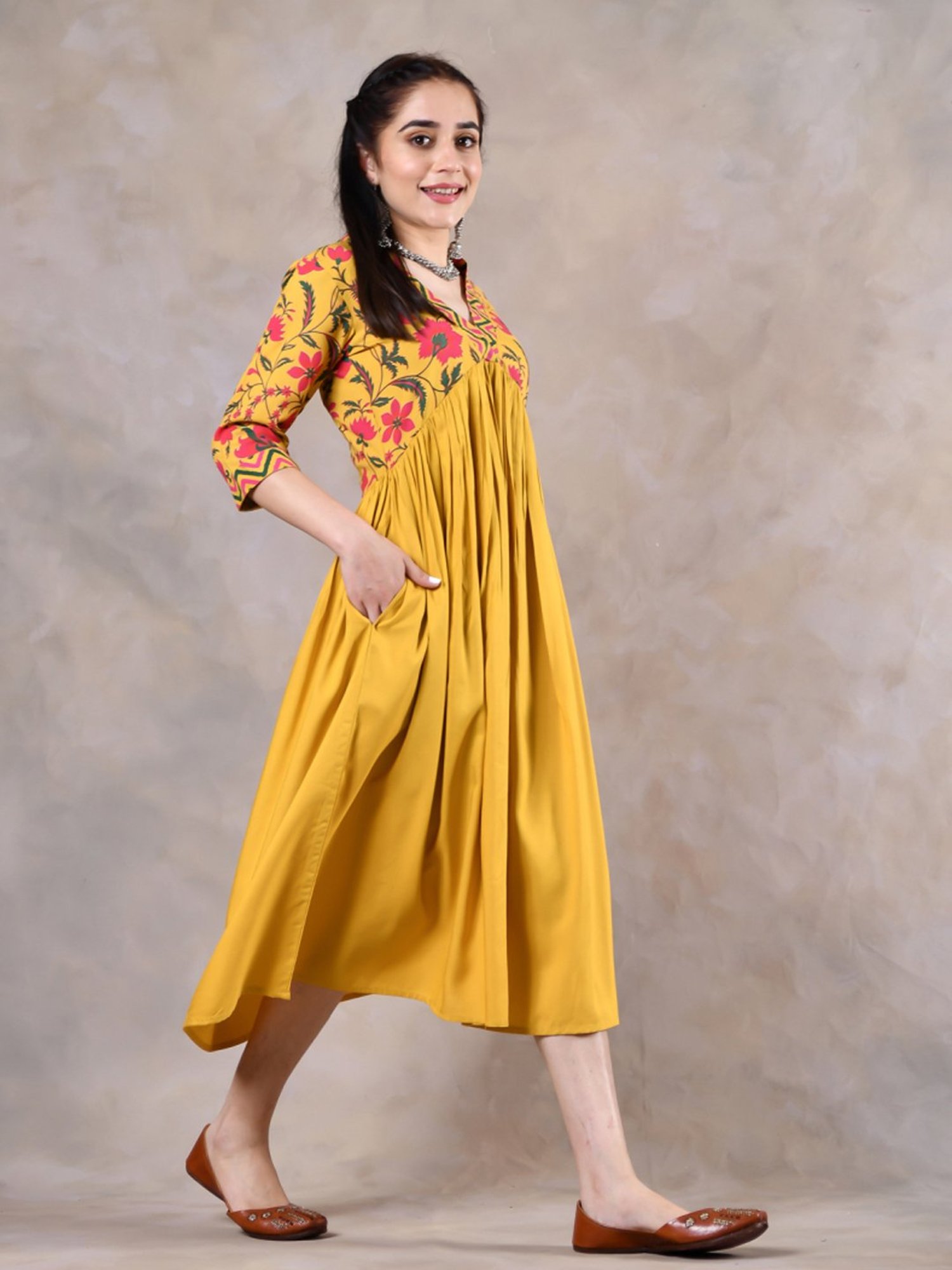 Rustorange Yellow Printed A-Line Dress