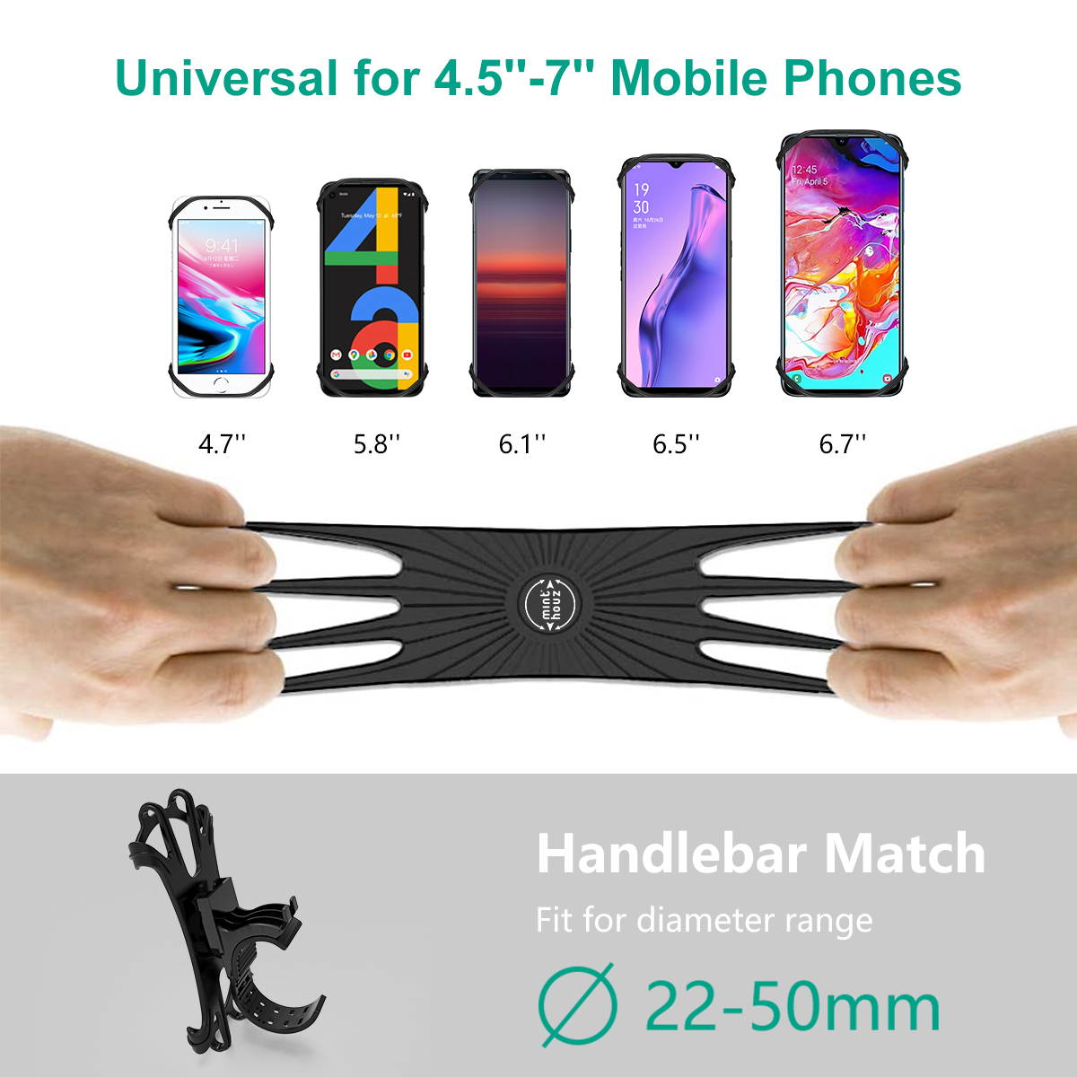 Minthouz Bike Phone Mount, Detachable 360&deg; Rotation Motorcycle/Mountain Dirt Bike/Scooter Phone Mount, Adjustable Universal Silicone Phone Holder Accessory, Compatible with all 4.5''~7'' Cellphones