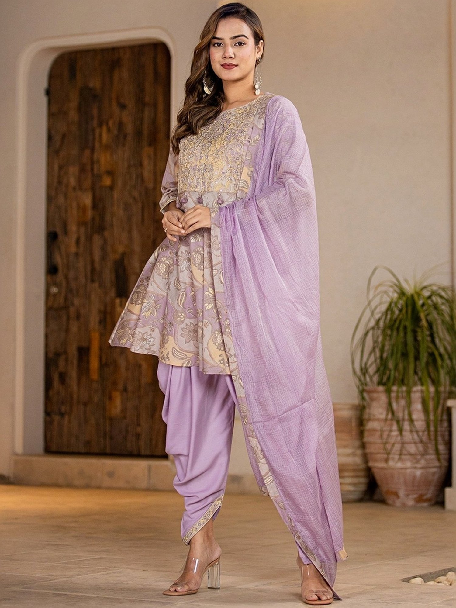 Yufta Purple Cotton Printed Kurti Dhoti Pant Set With Dupatta