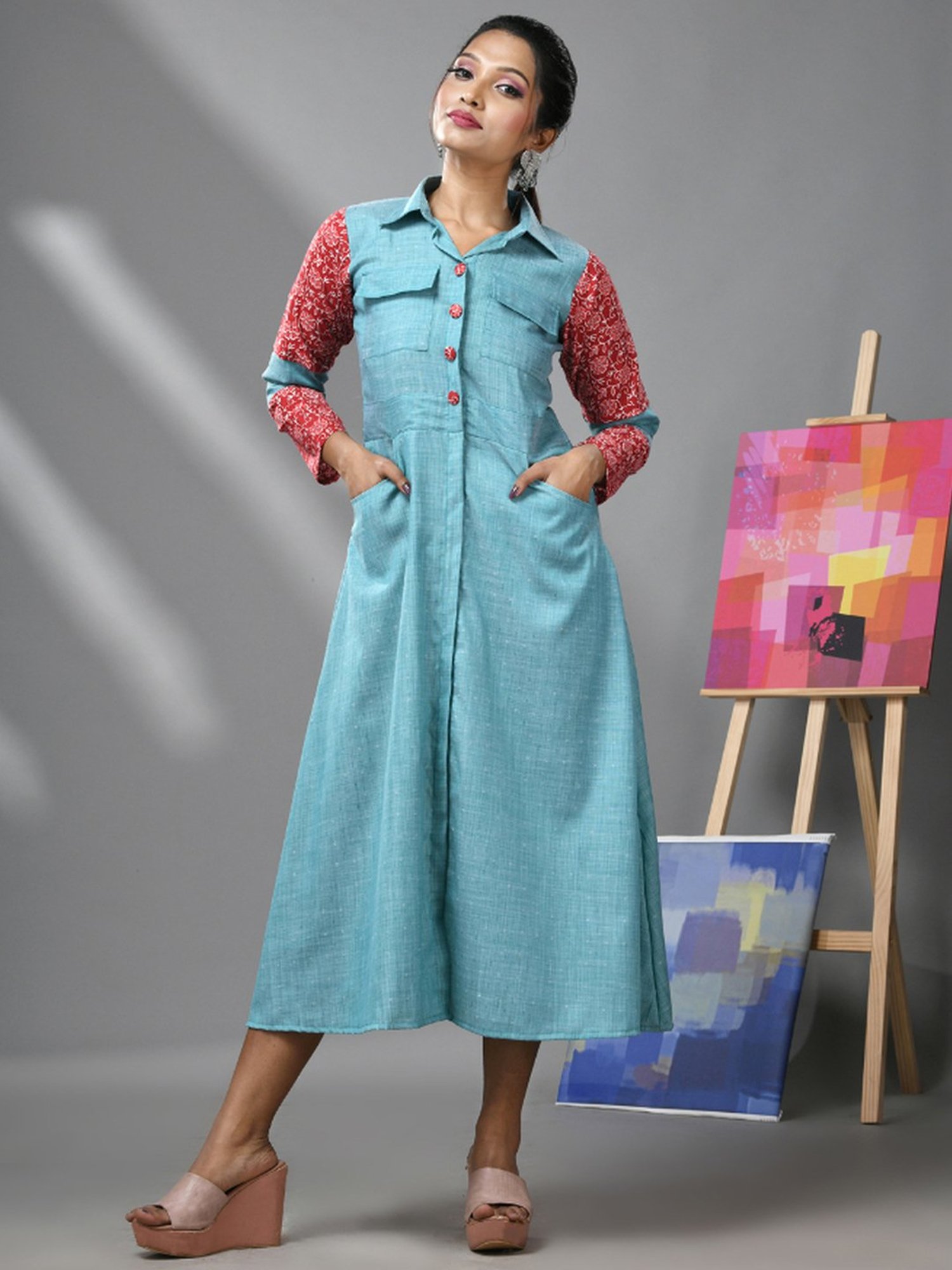 CHARUKRITI Sky Blue Cotton Printed A-Line Dress