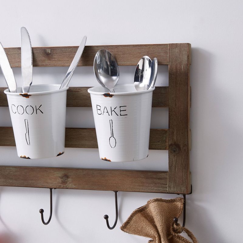 Hanging Storage Utensil with Hooks and Distressed Wood White - Danya B.