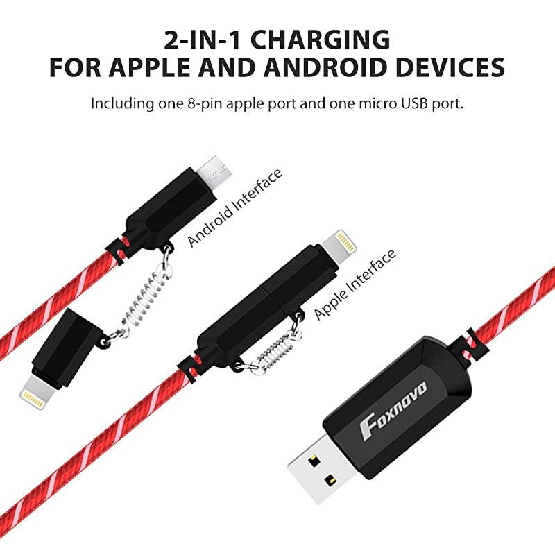 Apple MFi Certified]  Led iPhone Charger Cable, 2-in-1 Led Lightning Cable with 360&deg; Flowing Light for iPhone 12/11/11 Pro/XS/XR/X/8/8 Plus/7/7 Plus/6/6 Plus/5s/Android (Red), 3.3FT