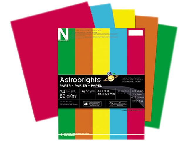 Wausau Paper Astrobrights Eco Brights Colored Paper, 24lb, 8-1/2 x 11, Assorted, 500 Shts/Rm