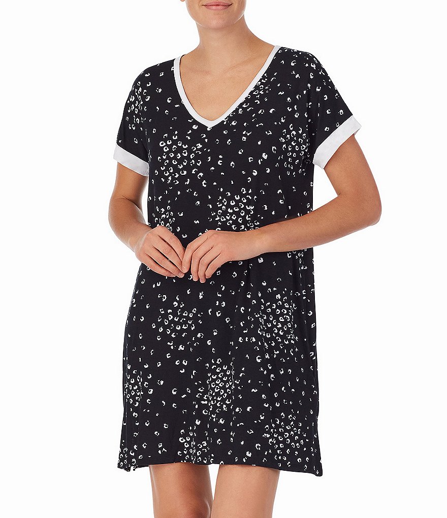Donna Karan Scattered Animal Printed Side Slit Knit Sleepshirt