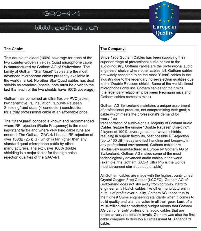 15 Foot RCA Cable Pair - Gotham GAC-4/1 (Black) Star-Quad Audio Interconnect Cable with Amphenol ACPL Black Chrome Body, Gold Plated RCA Connectors - Directional