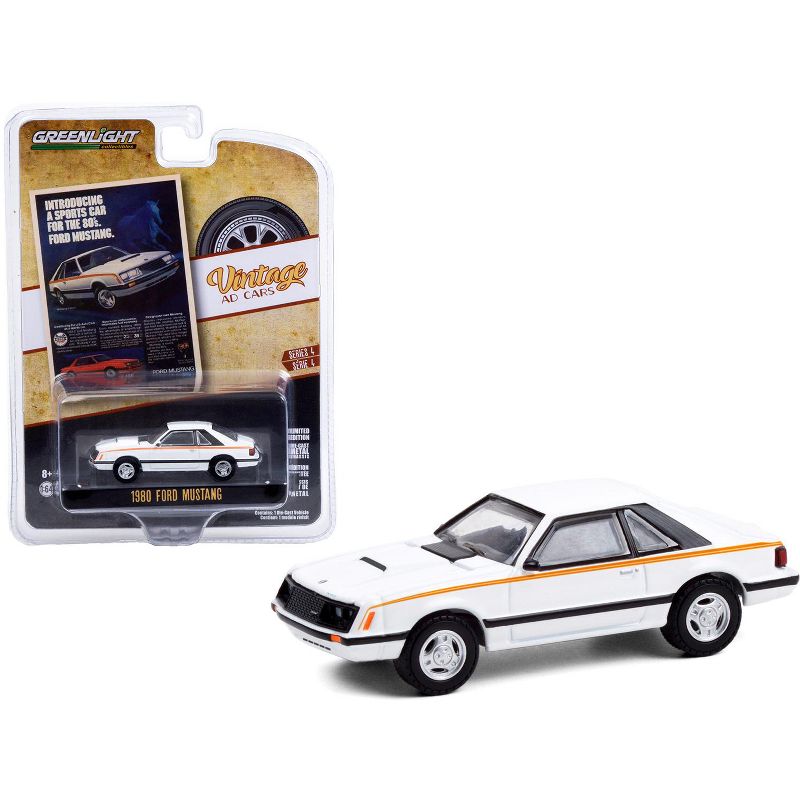 1980 Ford Mustang White with Stripes "Vintage Ad Cars" Series 4 1/64 Diecast Model Car by Greenlight