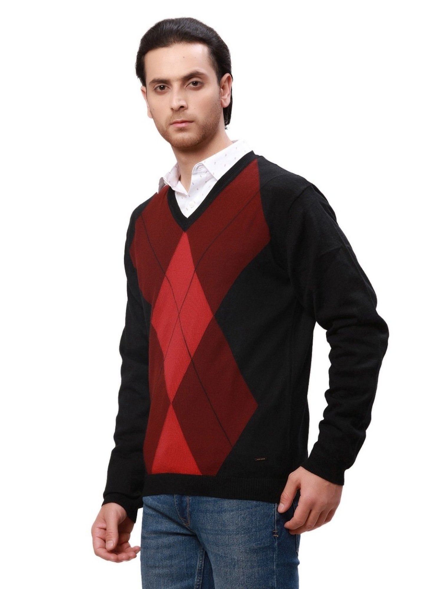 Park Avenue Red Regular Fit Argyle Sweater